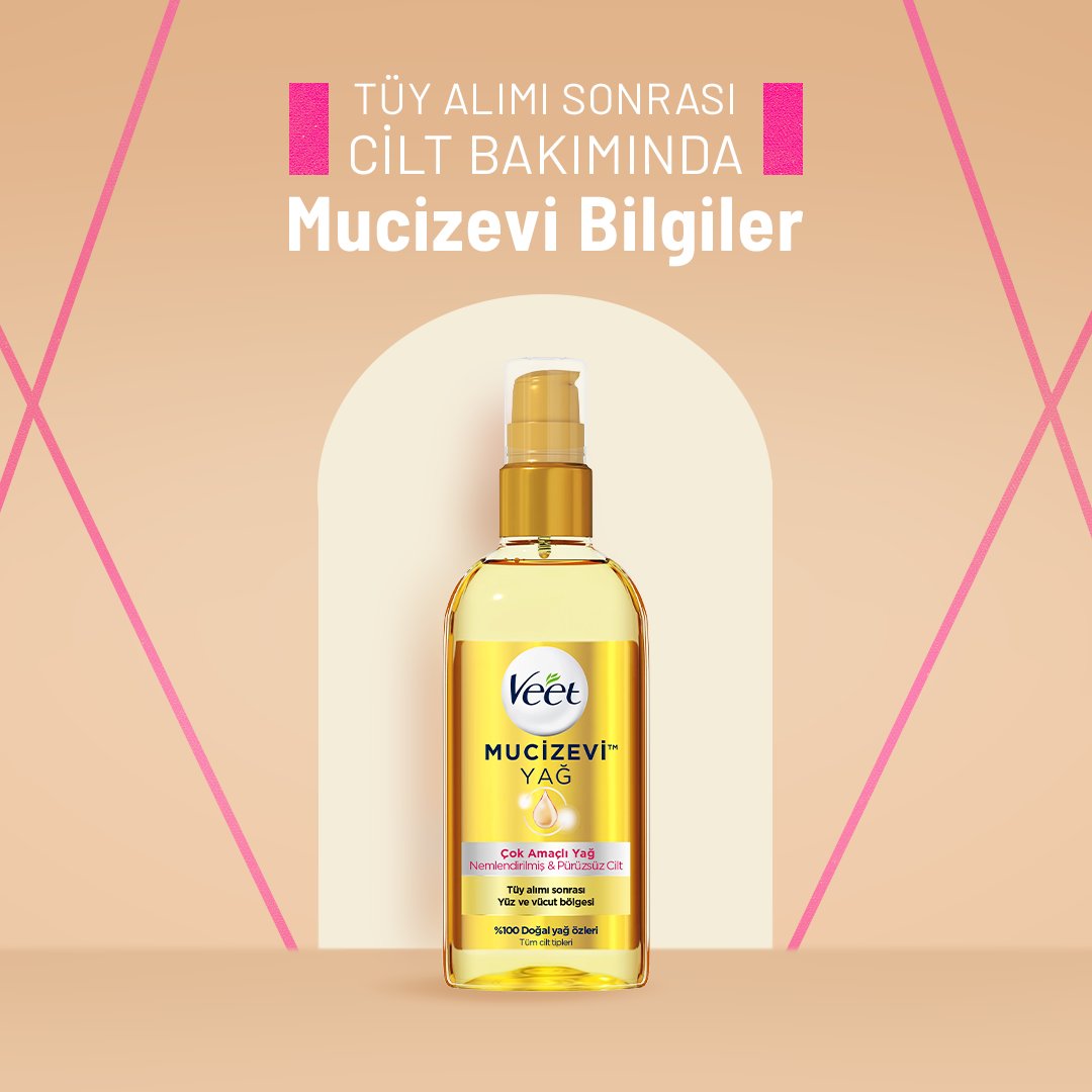 Tüy alımı sonrası hassaslaşan cilt, nemlendirilmeye ihtiyaç duyar. 💁🏼‍♀️ Sen de tüy alımı sonrası cildinin nem ihtiyacını Veet Mucizevi Yağ ile karşıla, ipeksi pürüzsüzlüğün keyfini 24 saat boyunca çıkar. ⏰