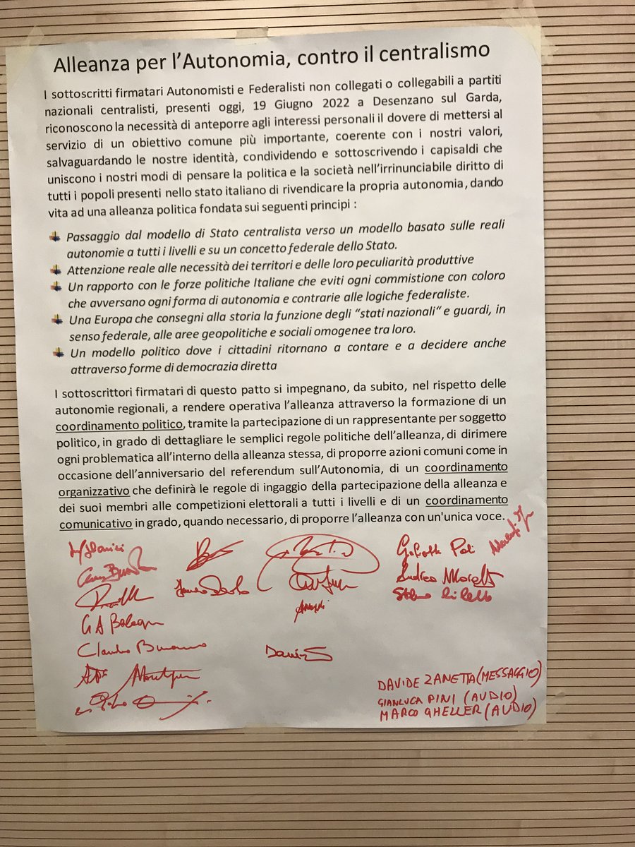 Con 20 firme, in rappresentanza di soggetti politici già operativi e presenti in Lombardia, Piemonte e Veneto, è nata oggi pomeriggio a Desenzano l'" ALLEANZA PER L'AUTONOMIA, CONTRO IL CENTRALISMO"