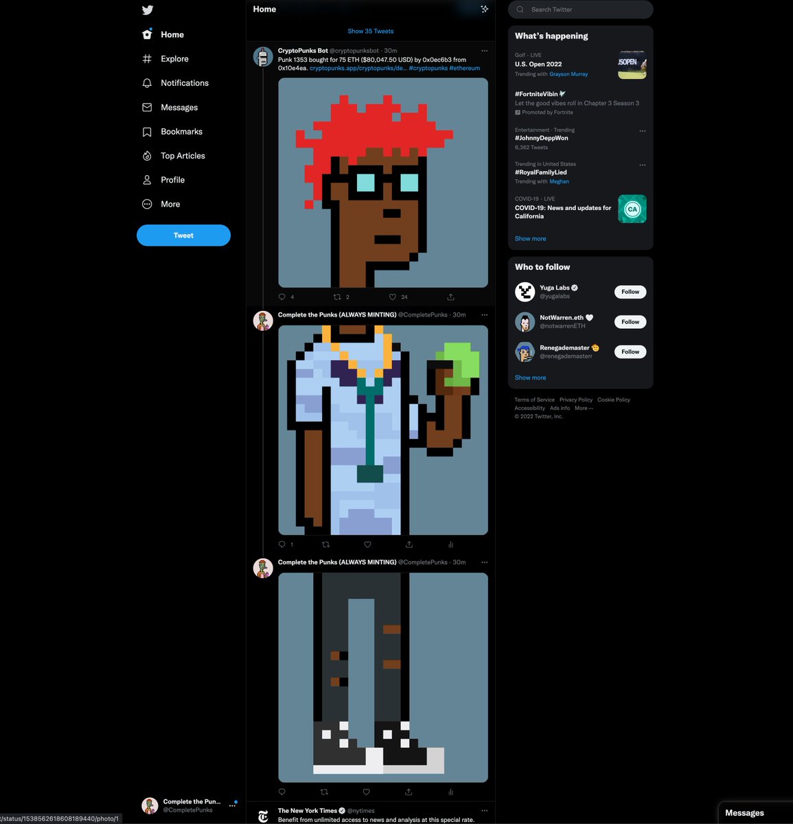 If you follow <a href="/cryptopunksbot/">CryptoPunks Bot</a> and <a href="/CompletePunks/">Complete the Punks (MINTING NOW)</a> you're gonna have a good time 🙏

<a href="/yugalabs/">Yuga Labs</a> 👀