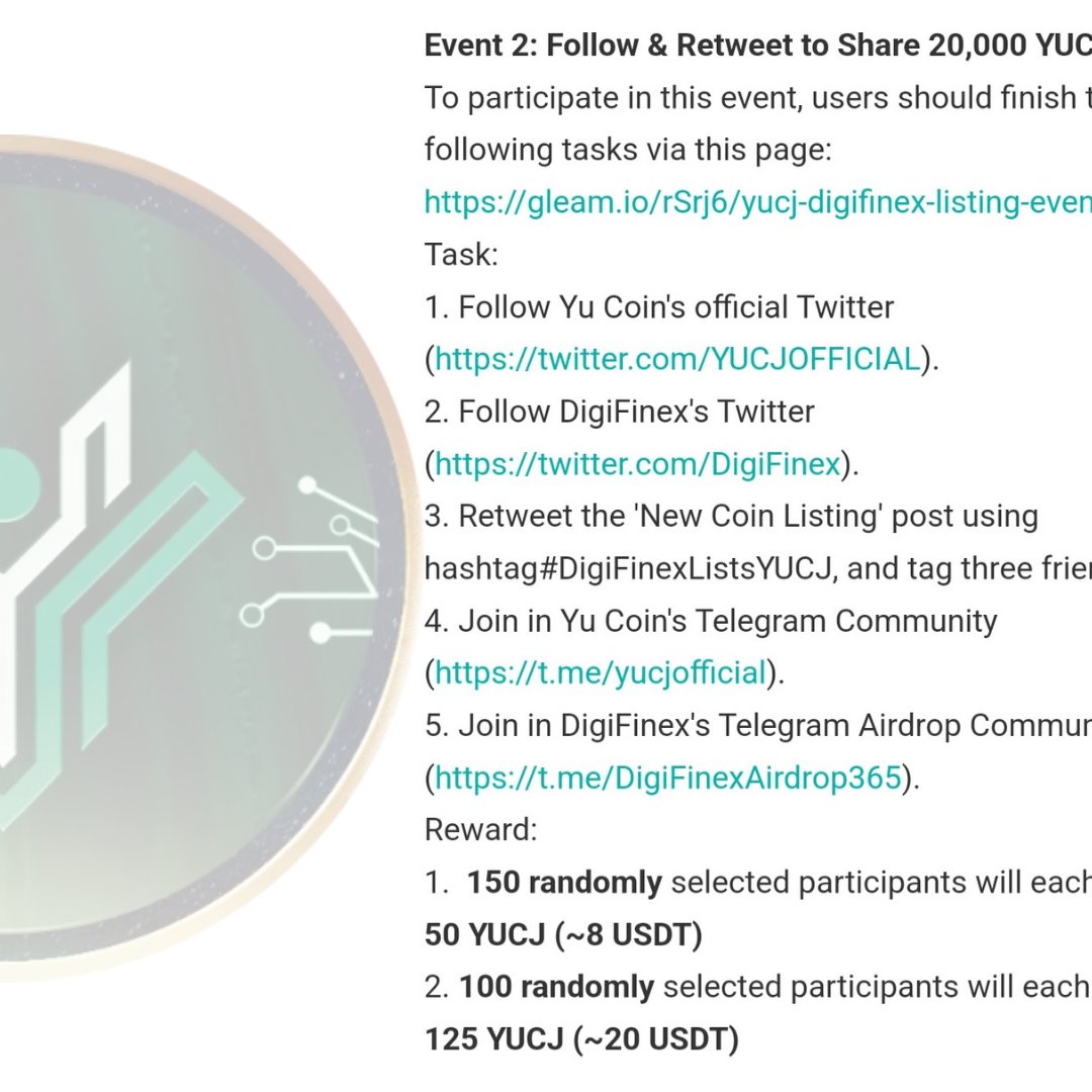 YUCJOFFICIAL's tweet photo. We are having a trading volume giveaway on @DigiFinex! Join now and follow THESE STEPS to get $YUCJ! 

For more info, please visit https://t.co/hV9V4biNdz

#cryptocurrency #aaxexchange #blockchain #yucoin https://t.co/MrbMZIh3Af