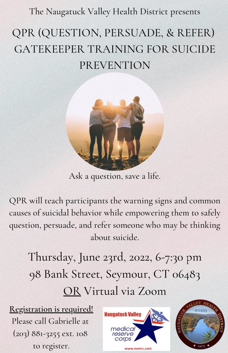 NaugValleyHD's tweet photo. NVHD and @NVMRC are offering a free, evidence-based suicide prevention training on Thursday, June 23rd at 6pm. Can’t make it in person or prefer to attend virtually? Call us at 203-881-3255 x108 to get the virtual access information! https://t.co/gX07IuLjlR