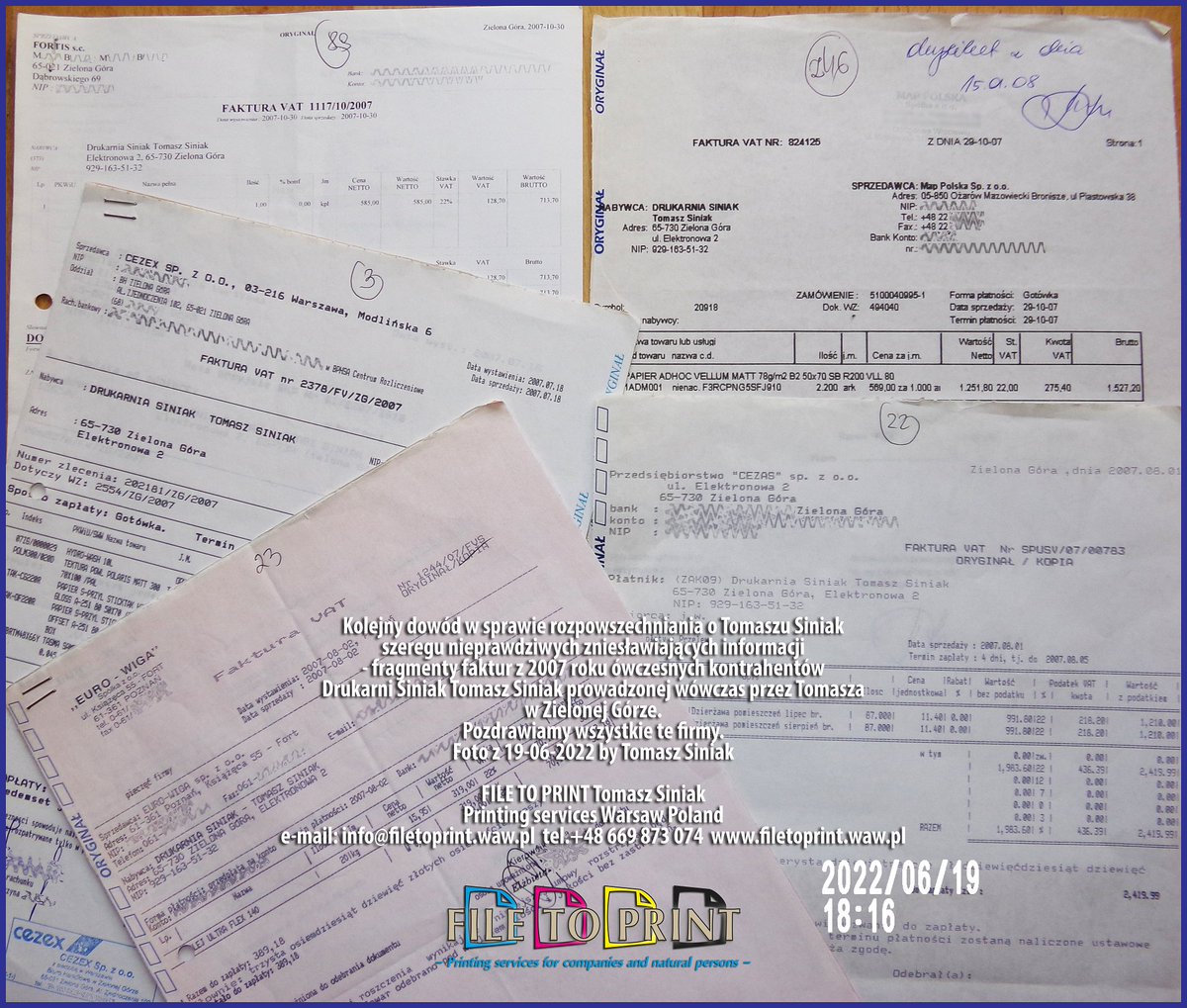 Kolejny dowód w sprawie rozpow.o Tomaszu Siniak szeregu nieprawdziwych informacji - fragmenty faktur z 2007r. ówczesnych kontrahentów Drukarni Siniak T.Siniak. Pozdrawiamy wszystkie te firmy. #filetoprint #archiwum #drukarnia #ZielonaGora #tomaszsiniak #druk #poligrafia #Warszawa