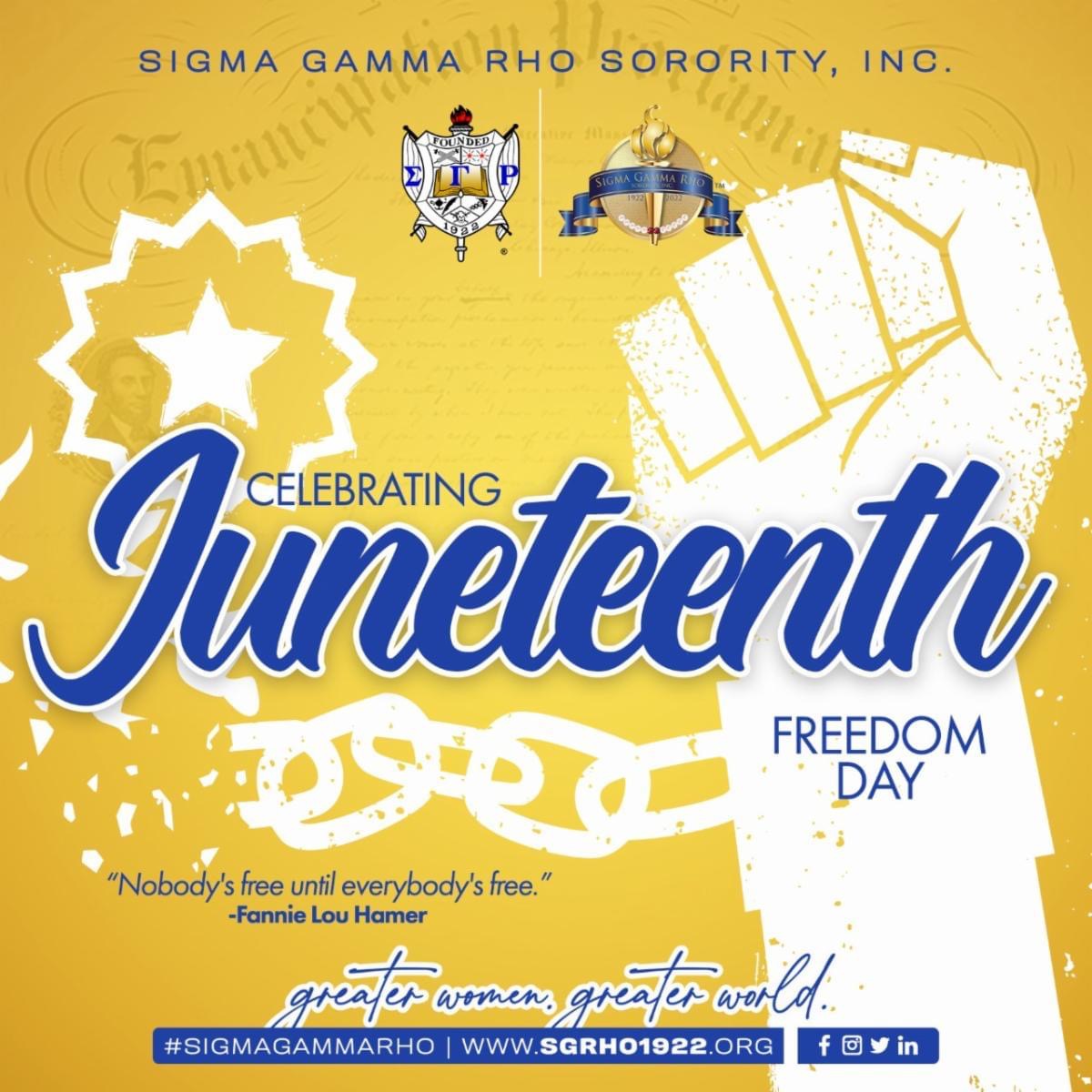 ilssgrho's tweet photo. Celebrating Juneteenth! “Nobody’s free until everybody’s free.” -Fannie Lou Hamer
#SigmaGammaRho #ILSSGRHo #SGRho #SGRho100 #Greater #GreaterWomenGreaterWorld #GWGW https://t.co/BPrTNHs96j