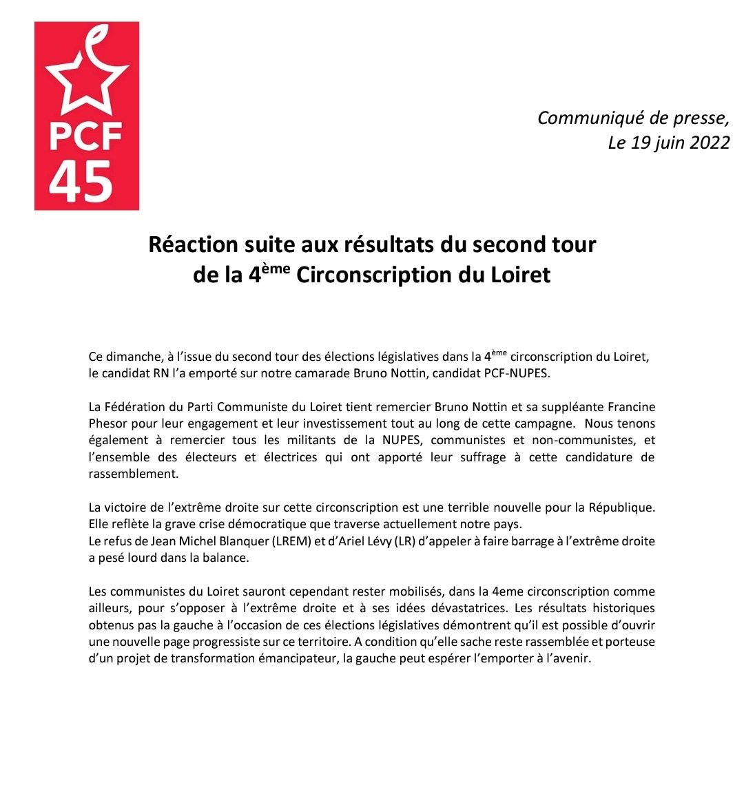 #legislatives2022
Communiqué suite aux résultats de la #circo4504

👉 Nous remercions <a href="/BrunoNottin/">Bruno Nottin</a> et Francine Phesor pour leur investissement pendant cette campagne

👉 Nous dénonçons le refus des candidats Jean-Michel Blanquer et Ariel Levy d'appeler à faire barrage au RN.