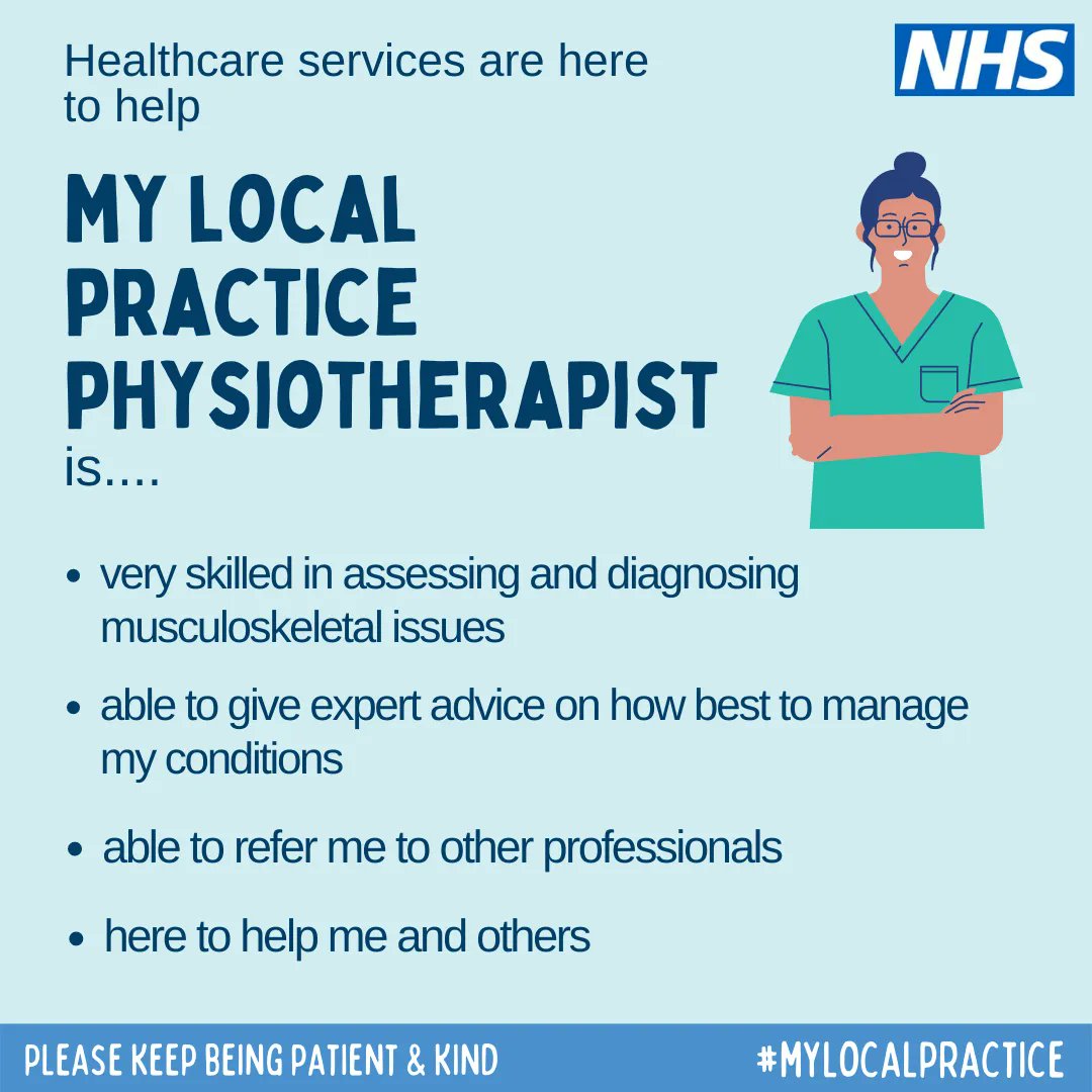 A Physiotherapist is very skilled in assessing and diagnosing musculoskeletal issues. They are able to give expert advice on how best to manage your conditions and can refer you to other professionals. Please keep being patient and kind. #mylocalpractice