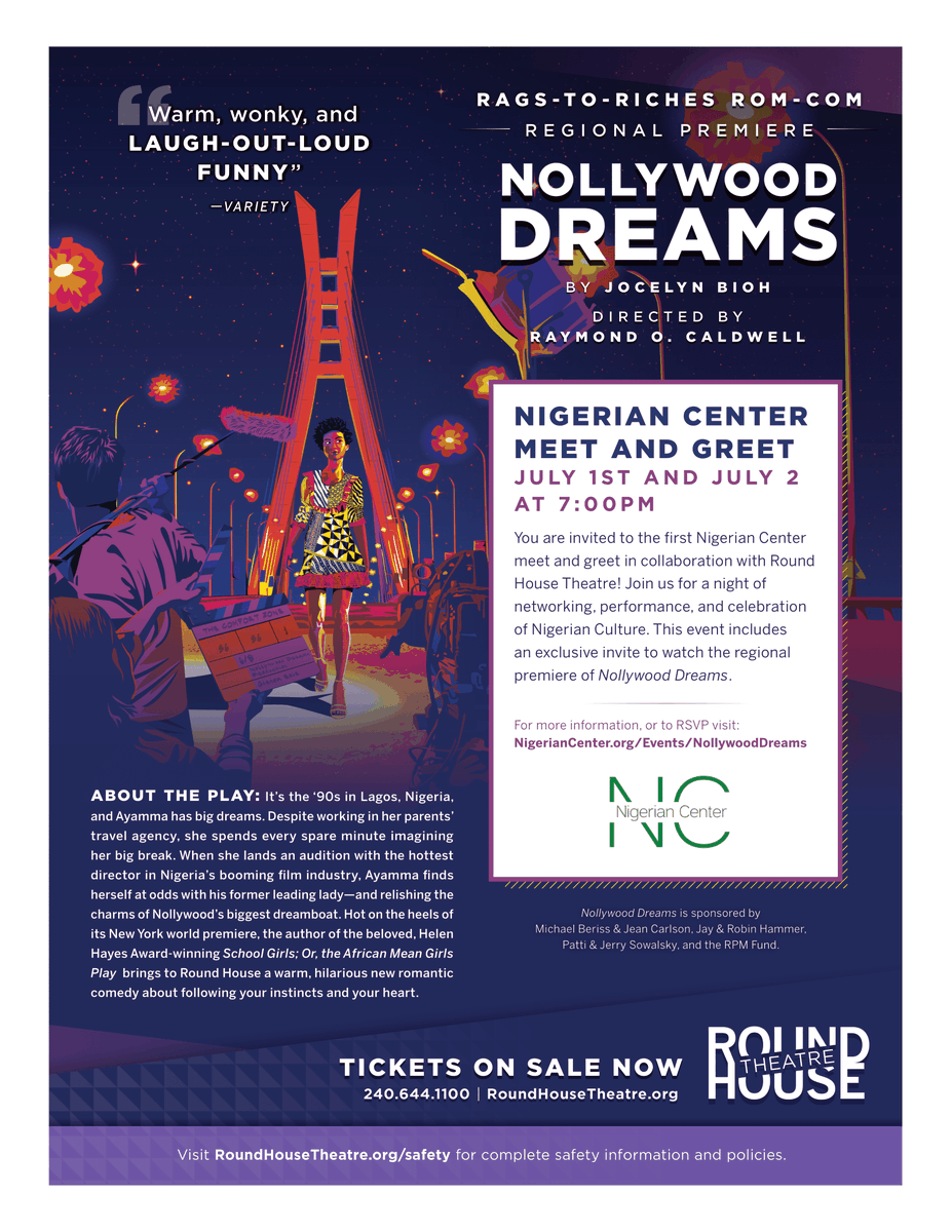 You are invited to our meet and greet at the @RHT_roundhouse Join us to celebrate the Nigerian Culture and the premiere of “Nollywood Dreams”, a live play about Lagos in the 90s. RSVP at 
nigeriancenter.org/events/nollywo…