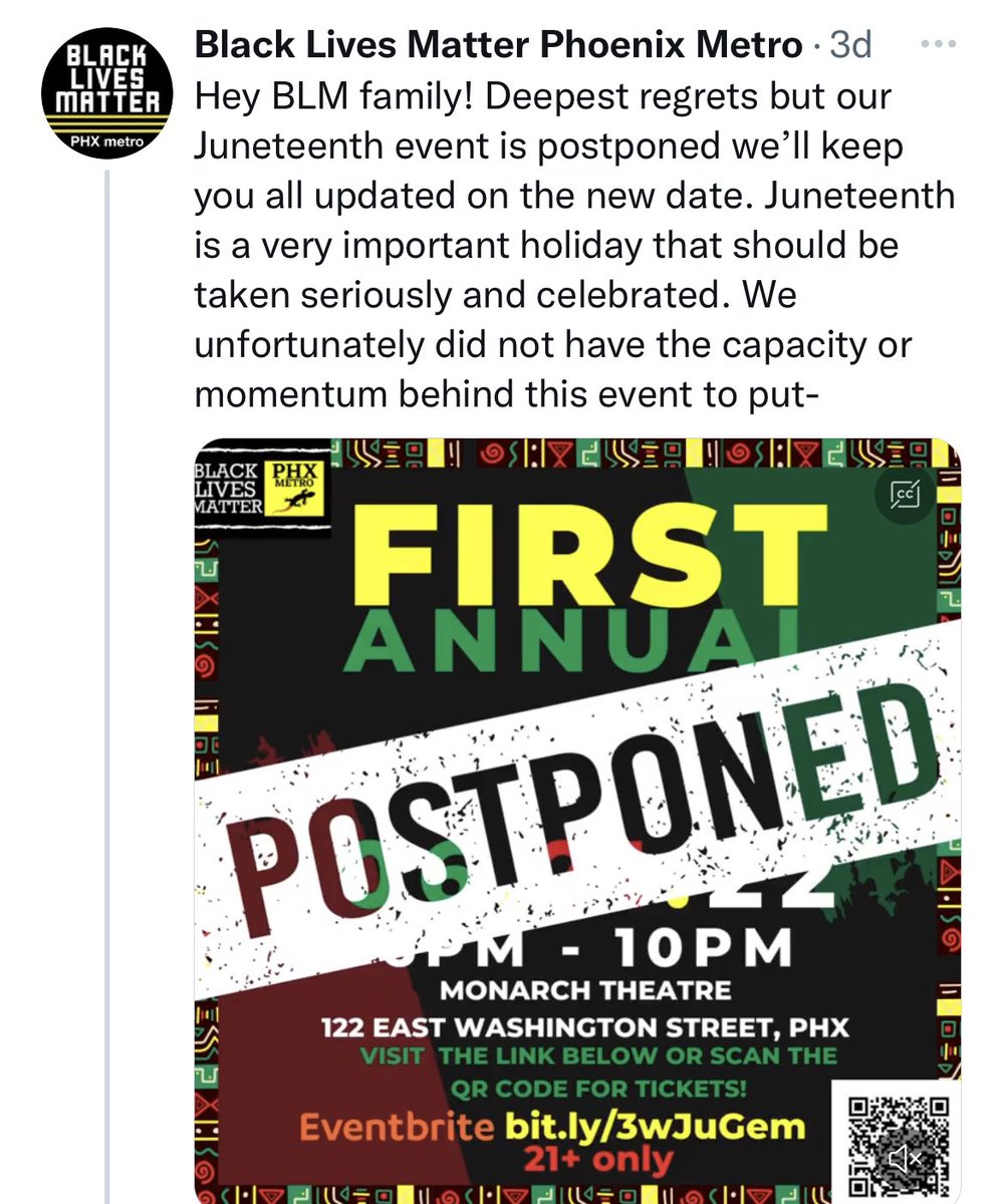 DrewHLive's tweet photo. Juneteenth is so important that BLM PHX couldn’t get enough people out to celebrate it so they had to cancel it 🤡 https://t.co/jRWY2qJ5Yx