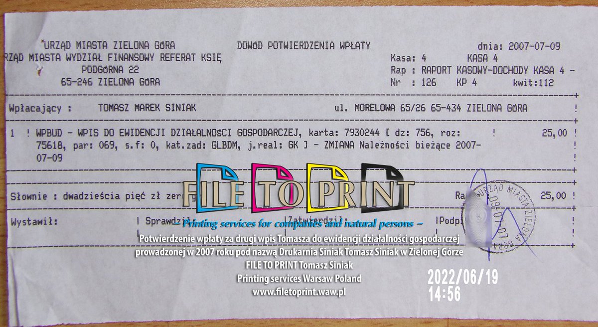 Because the artifical sounds are still generated for Tomasz, as a next evidence confirmation of Zielona Gora city hall fee 20070709 for a second entry of Tomasz to the entrepreneur register (Drukarnia Siniak T.Siniak). #filetoprint #archive #printing #printinghouse #Warsaw