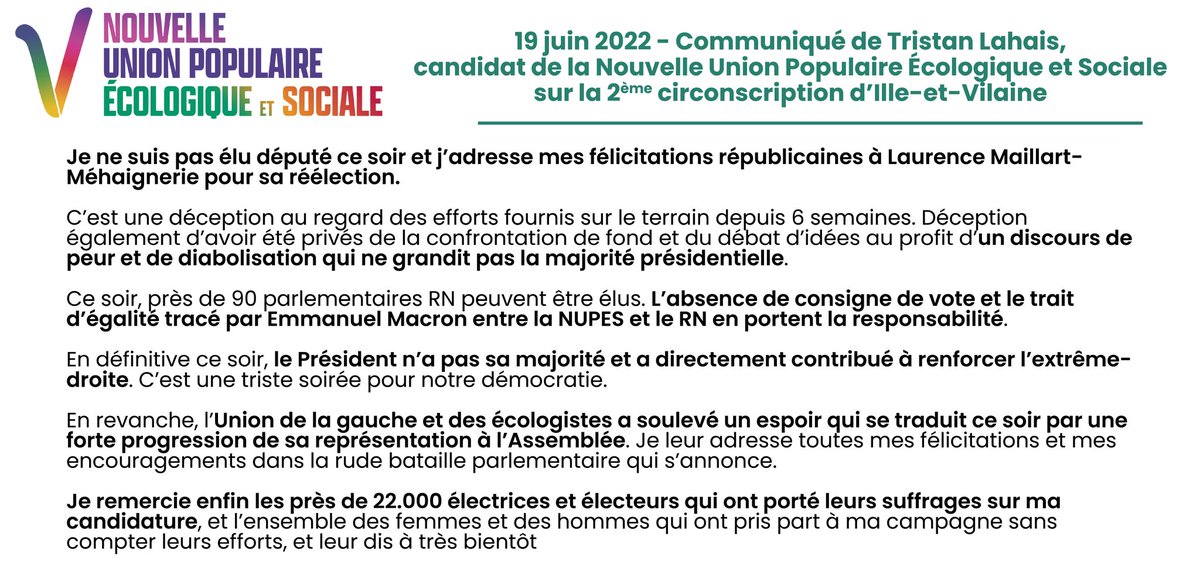 tlahais's tweet photo. Je ne serai pas élu député ce soir
Je remercie les près de 22000 électeurs qui ont voté pour ma candidature
Sentiment mêlé : l'union  de la gauche a soulevé un espoir ; le discours irresponsable de la majorité présidentielle a banalisé le RN et provoqué sa forteprogression à l'AN https://t.co/Tevf5Z8RVn