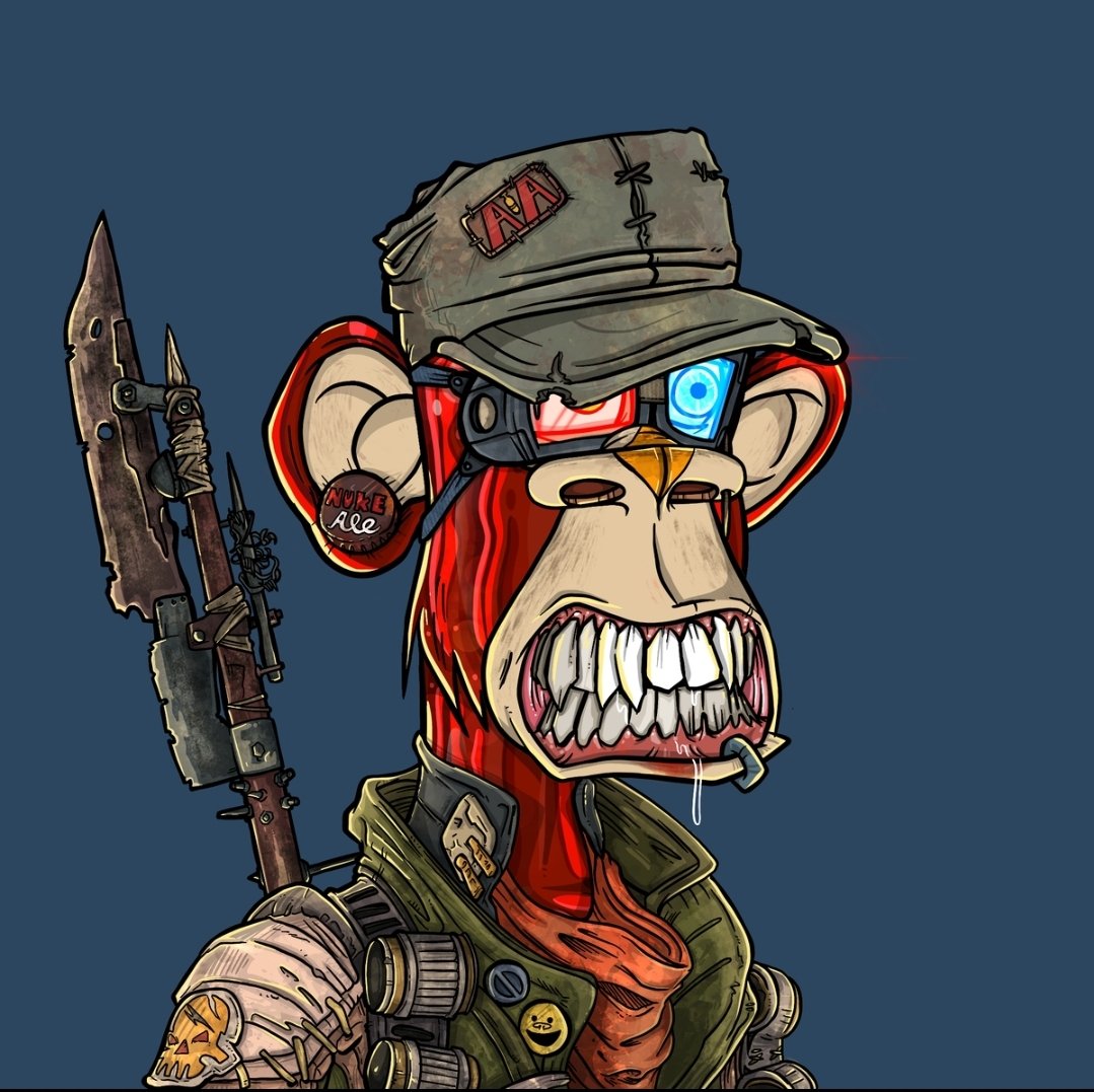 1stSgt_Jroc's tweet image. Welcome to the family! “People sleep peaceably in their beds at night only because rough men stand ready to do violence on their behalf.”
– George Orwell #USMC #ArmyHat #AAPES #AAPE #QueenApes #Ruby #3DGoggles #Flak #NukeAle #NFT #NFTCommuntiy #SundayVibes #LFG @NFT_Lover_26