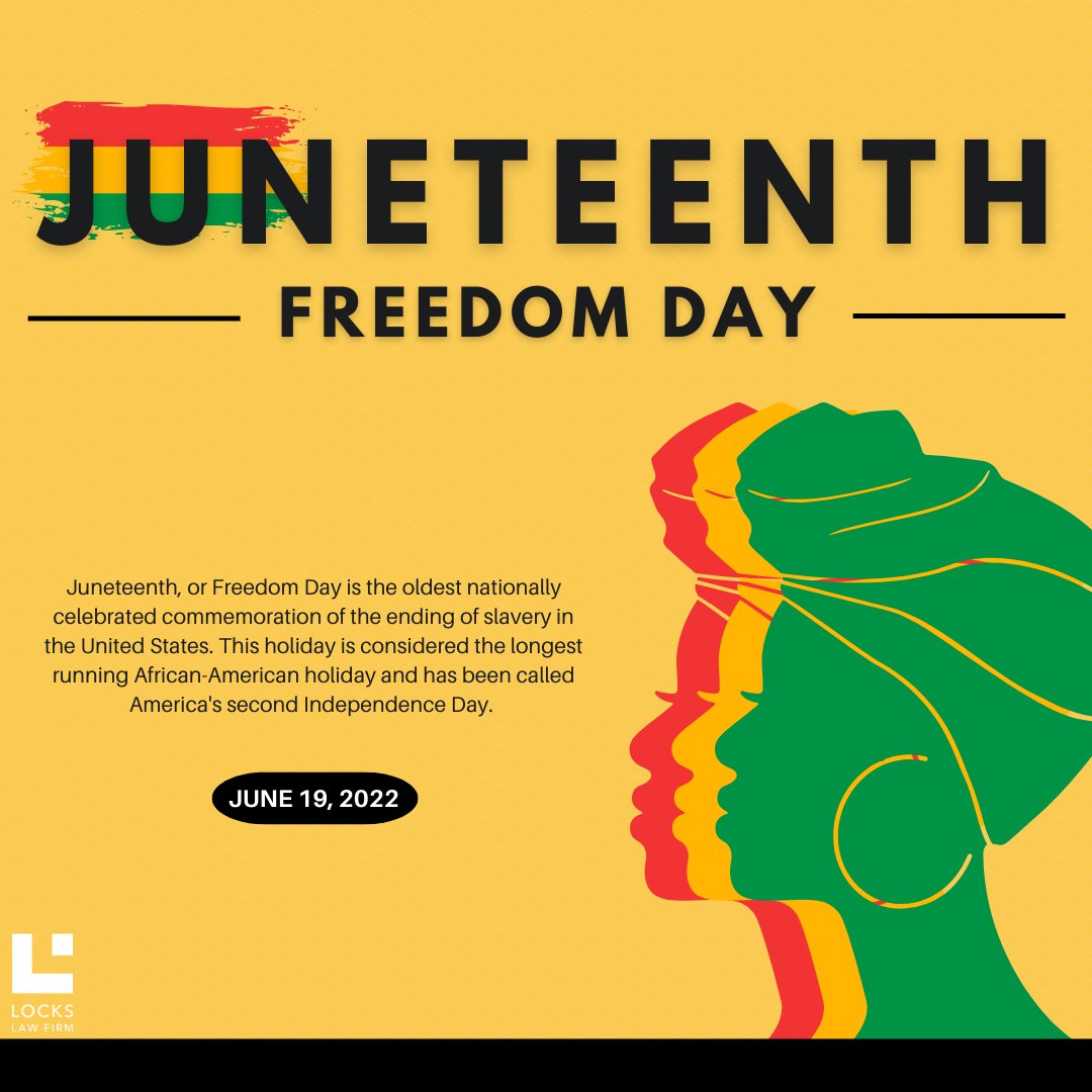 LocksLawFirm's tweet photo. On June 19, 1865 Union troops arrived in Galveston, Texas with the news that more than 250,000 enslaved African Americans in the state were free. Now a federal holiday, Locks Law Firm celebrates the historical legacy of Juneteenth. https://t.co/4OpiWCOxTP