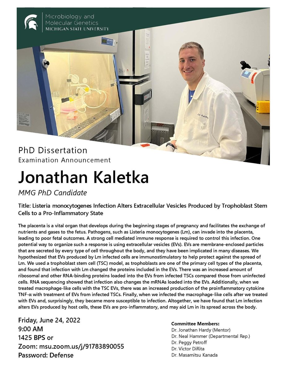 JonKaletka's tweet photo. This Friday at 9 am ET, I will be defending my dissertation to earn my Ph.D. from Michigan State. The presentation will be hybrid, and will be available for the public to watch online. If you are interested in watching me talk about placental infections, feel free to tune in! https://t.co/eI9N76PiWU