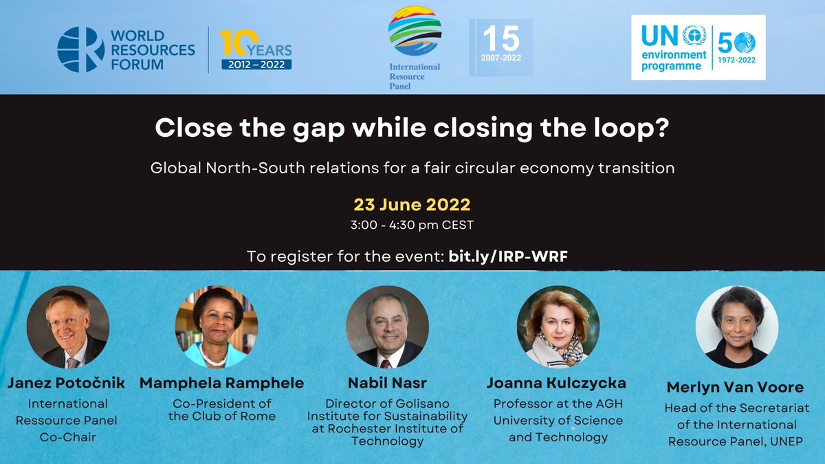 International Resource Panel (IRP) (@unepirp) on Twitter photo How can the global #circulareconomy transition become an engine for shared prosperity?
Join our webinar co-organized with <a href="/WRFSwitzerland/">World Resources Forum</a> to explore how to manage a fair global CE transition with leading experts.
🗓️ June 23, 3-4.30pm CEST
👉Register: us06web.zoom.us/webinar/regist… How can the global #circulareconomy transition become an engine for shared prosperity?
Join our webinar co-organized with <a href="/WRFSwitzerland/">World Resources Forum</a> to explore how to manage a fair global CE transition with leading experts.
🗓️ June 23, 3-4.30pm CEST
👉Register: us06web.zoom.us/webinar/regist…