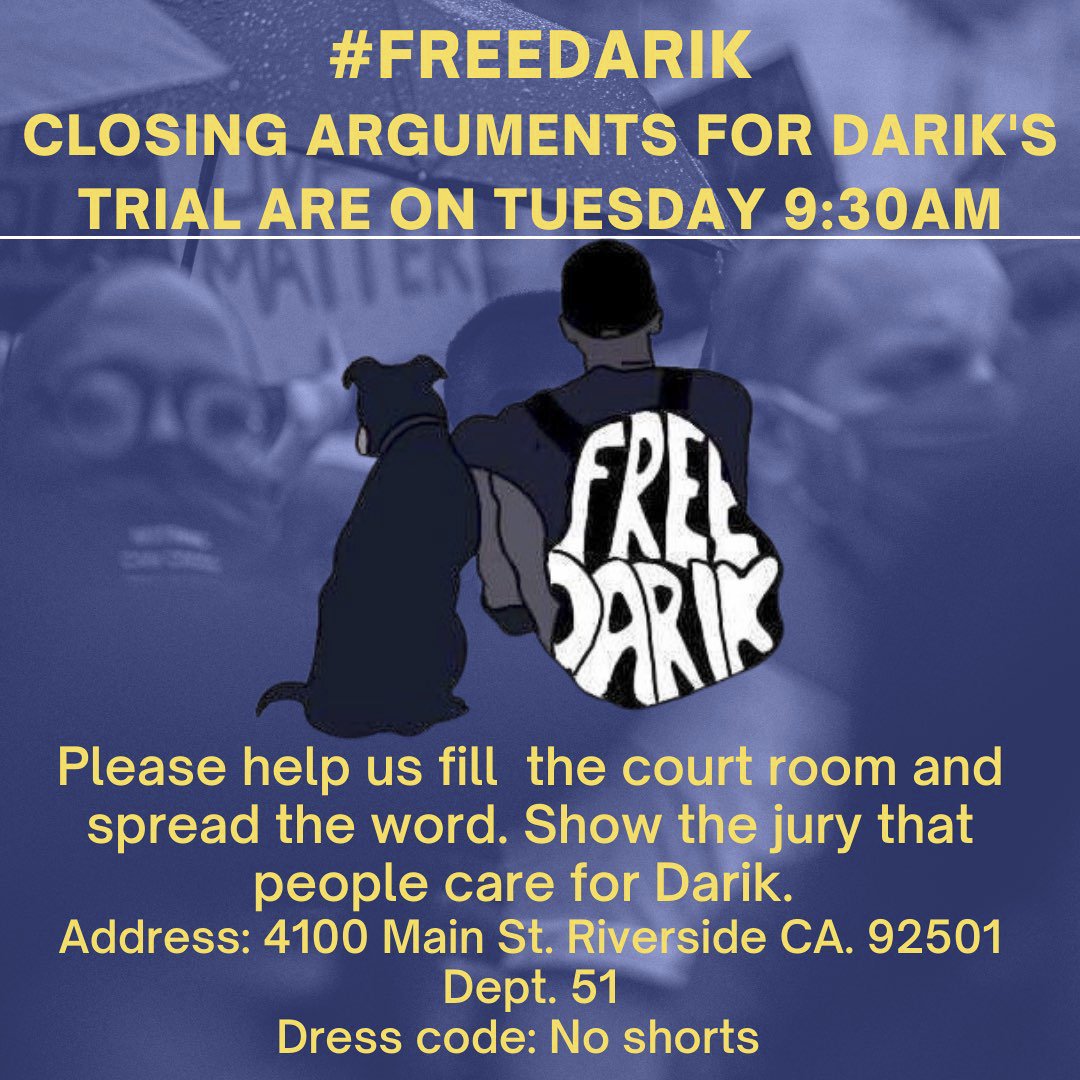 #FreeDarik Closing Arguments for Darik's trial are on Tuesday, June 21 at 9:30am. Please fill the court room and spread show the jury that people care for Darik. Address: 4100 Main Street, Riverside CA 92501, Dept 51. For more info,  change.org/FreeDarikcampa… #DisabledandPunished