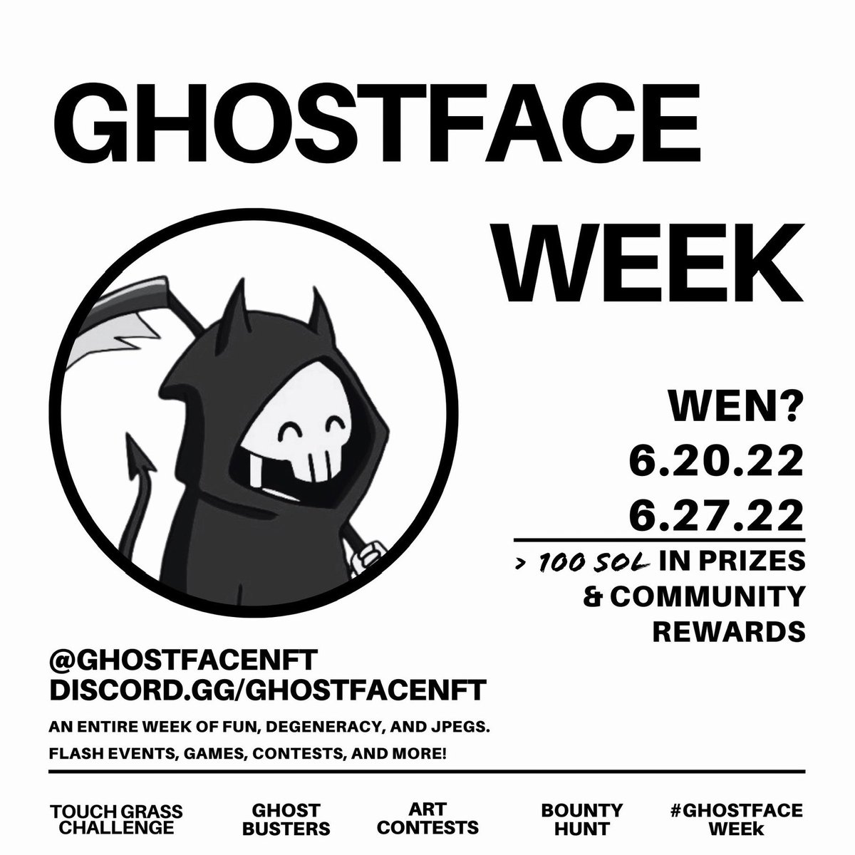 Gm &amp; WELCOME to #GhostfaceWeek
A week full of:

• Teamwork
• Competition 
• Memes 😉

And over 100 $SOL in prizes 🔥🏆