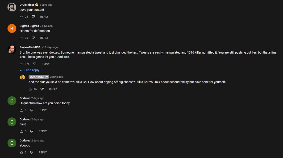 RCommanderTTV's tweet photo. @THEREALRTU I saw your RTUStreams video about Quantum's latest video "setting straight" the drama. You're right that he hid your comments. You can list the comments in the order in which they were posted and your follow-up ones can't be seen. https://t.co/au9GEyJUCC