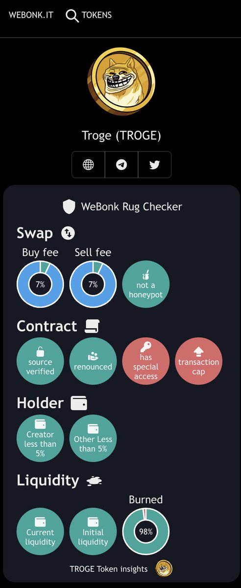The best update we had so far!
Want to buy meme coins and be safe?  You can simply browser coins listed on WeBonk and see rug checker insights. 
Great insights with simple UI.
You are welcome.
#webonk #rugchecker #dogebonk #cheemsinu #memetools #troge #memetech #doge #shib #vinu