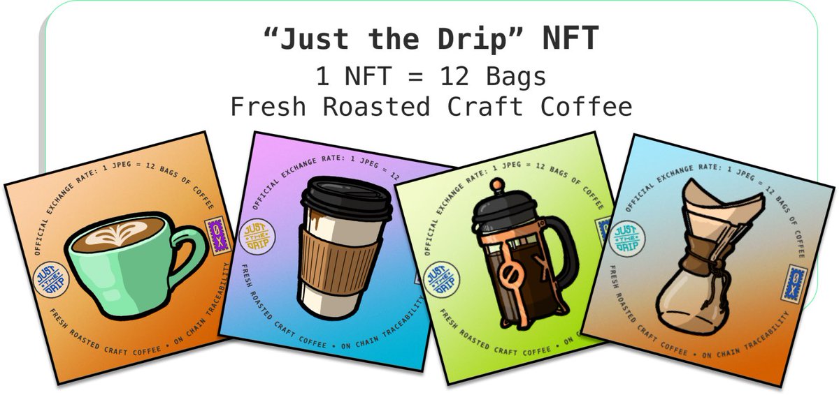 0xCoffee_'s tweet photo. Introducing our “Just the Drip” NFT Collection

1 jpeg = 12 bags of craft coffee

No vague roadmap. No flakey “community”. Just damn good coffee from an award wining roaster with on-chain traceability to make sure farmers are getting paid. 

Details at https://t.co/0md6DCWSOs https://t.co/F6f2EZOByD