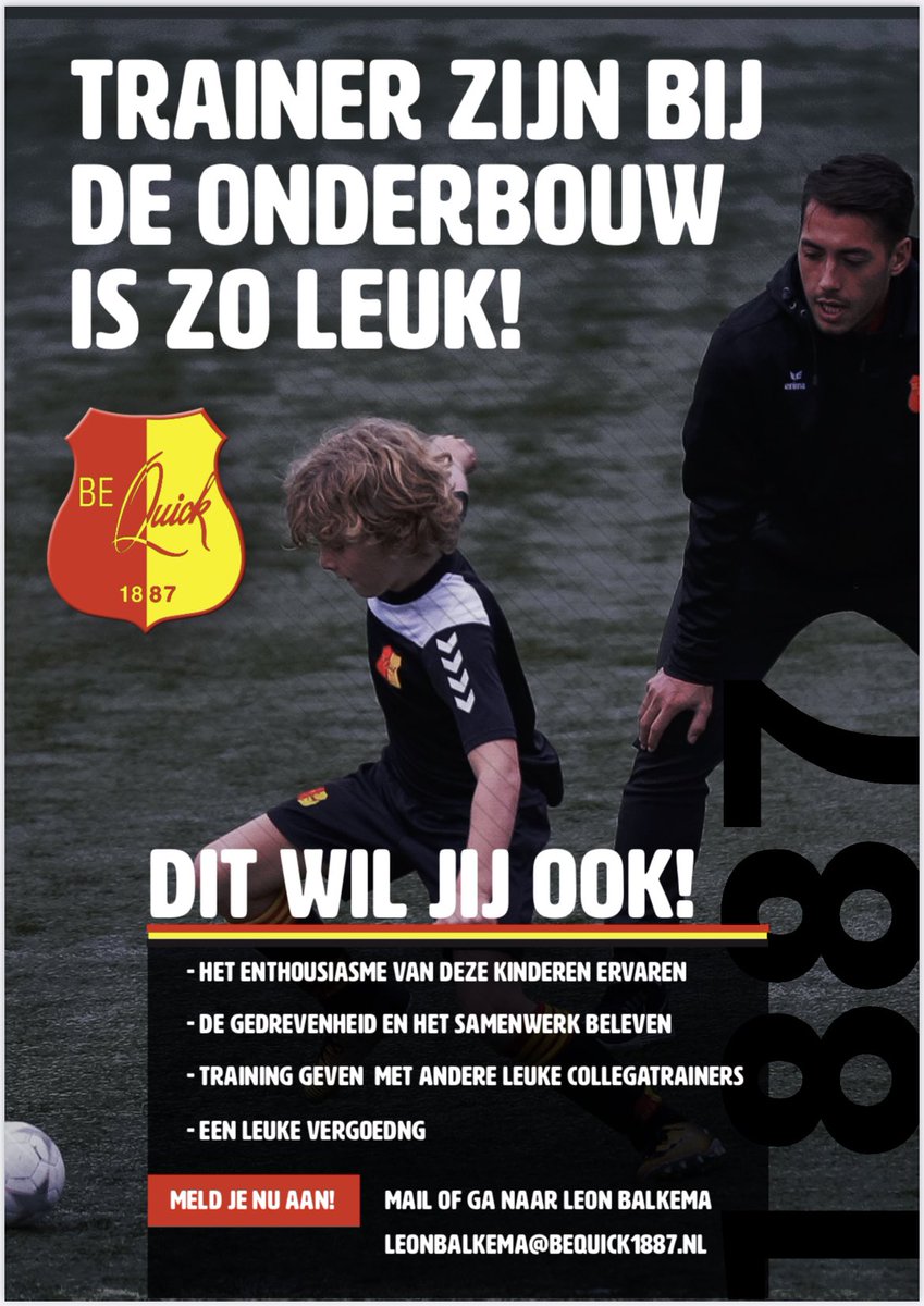 Voor het nieuwe seizoen 22/23 zijn wij opzoek naar trainers voor onze onderbouw (O9 t/m O12). 

Wij bieden een omgeving waar trainers de ruimte krijgen om zich te ontwikkelen bij een regionaal gecertificeerde jeugdopleiding, met daarbij een passende vergoeding!
#bequick1887 🔴🟡