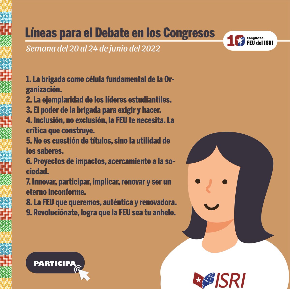 *¿Qué temas podríamos debatir durante el Congreso en las Brigadas?* 🗣💭❓

💡Descarga y comparte nuestras _LÍNEAS DE DEBATE._ Buscamos una crítica fuerte y constructiva que nos permita REVOLUCIONAR ✨ nuestra organización en su CENTENARIO 😉

#RevolucionandoLaFEU
#10CongresoFEU