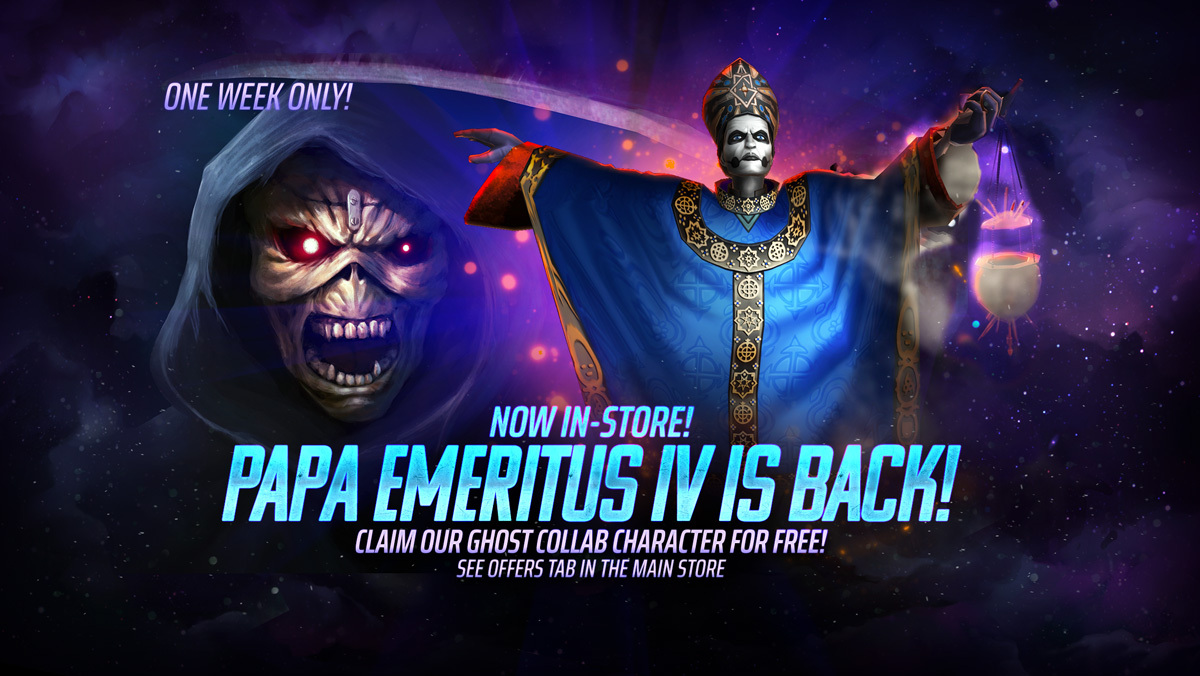 Papa Emeritus IV is back in the Legacy of the Beast game for a limited time! Claim him for free while you still can!

go.onelink.me/moeS/iit1fg8r

#IronMaiden #LegacyOfTheBeast #Ghost