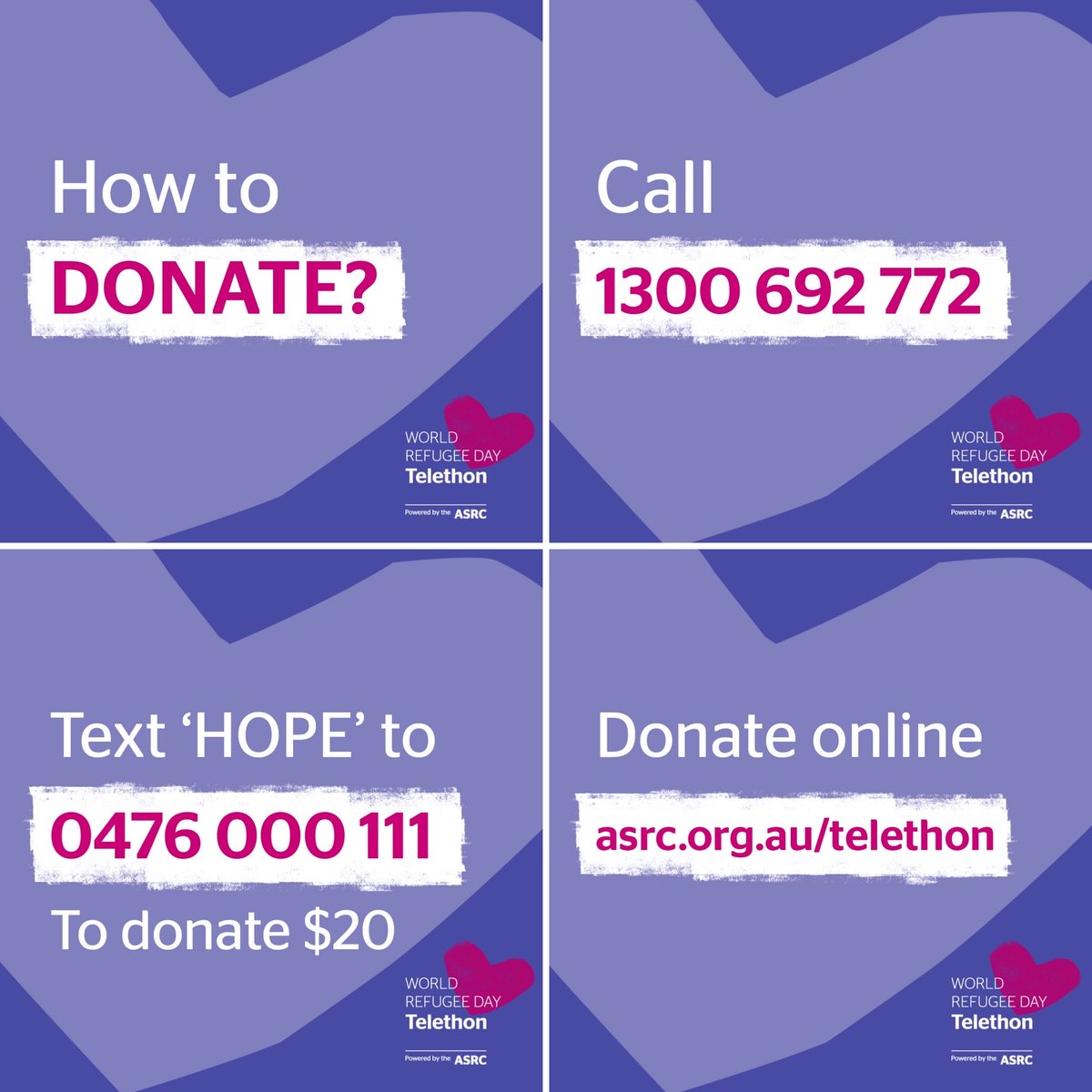 ASRC1's tweet photo. The phone lines are OPEN ☎️
Did you know that a $55 donation can give access to education and training for people seeking asylum? 
💜 CALL 1300 692 772 
💜 TXT ‘HOPE’ to 0476 000 111 to donate $20 
💜 DONATE ONLINE at https://t.co/cQPjUXrOHY
#WorldRefugeeDayTelethon #ASRCTelethon https://t.co/fozfJTNCjO