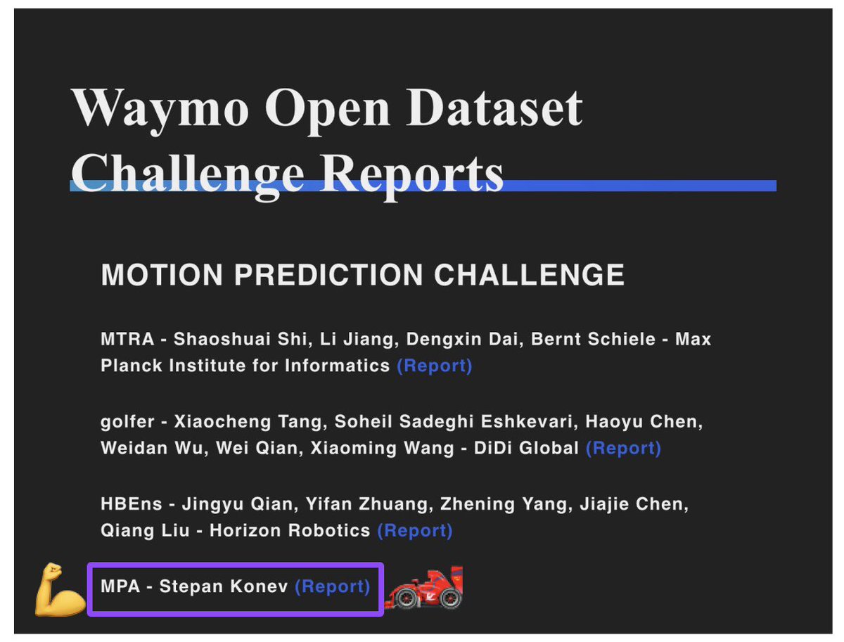 KonevSteven's tweet photo. I am proud to announce that this year I achieved the 3rd result on @Waymo Motion Prediction Challenge leaderboard (as of May, 26) and Honorable Mention.
The report is available on @CVPR Workshop on Autonomous Driving  https://t.co/xEoVhXnfaE
The code is available on GitHub thread https://t.co/I8KKkH6zKZ