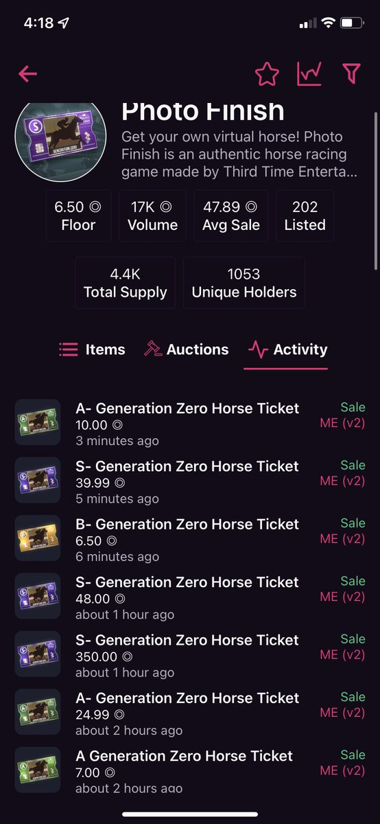 BrentKessinger's tweet photo. A HORSE SOLD FOR 350 SOL!?!? @photofinishgame WOW! Congrats buyer and seller! https://t.co/naImV3fQax