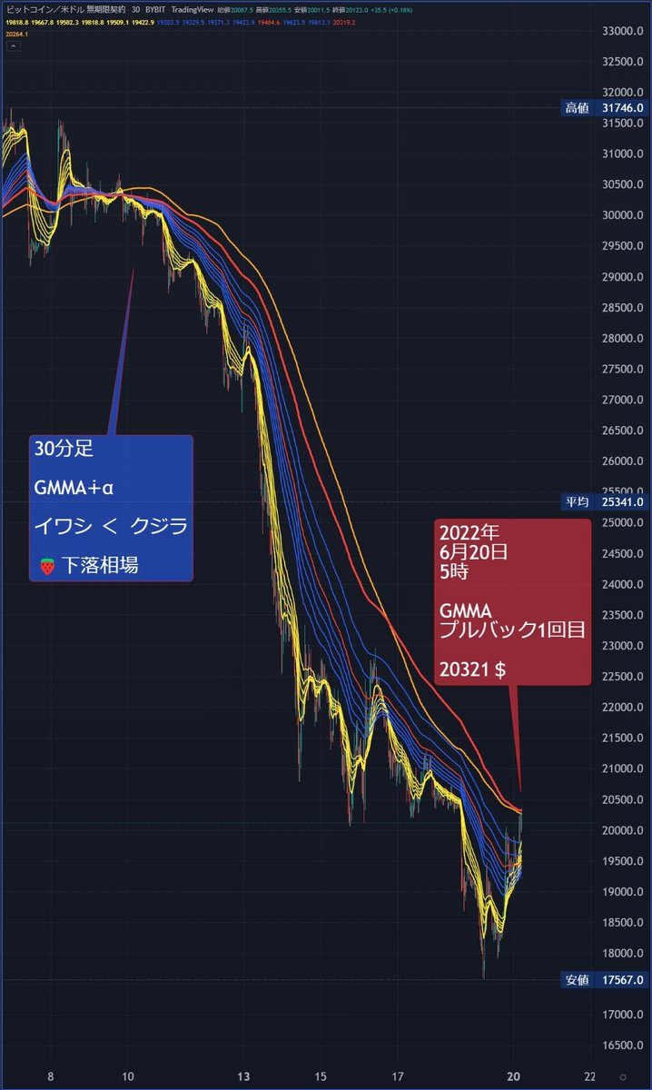 GMMA
30分足

プルバック1回目
20321＄

イワシ　＜　クジラ

＃BTC