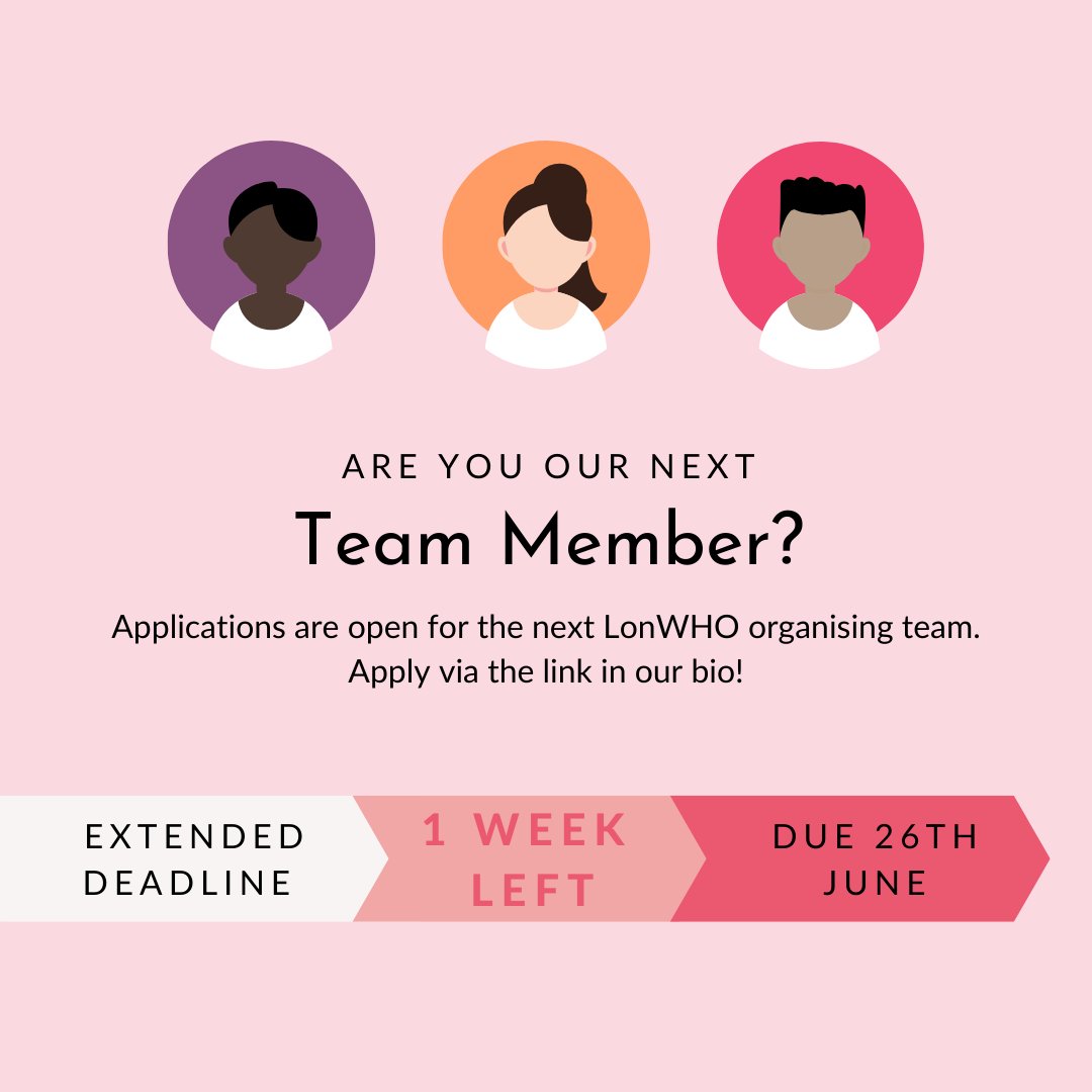 🤩 1 WEEK until the application deadline on Sunday 26 June!
😍 Join us and get involved in the next <a href="/LonWHO/">London Model WHO Simulation</a> organising team!
🙋🏻‍♀️ Applications are open to all students and young professionals.
⏱ Apply now: tinyurl.com/lonwho-apply

#ModelWHO #GlobalHealth #Opportunity #Conference