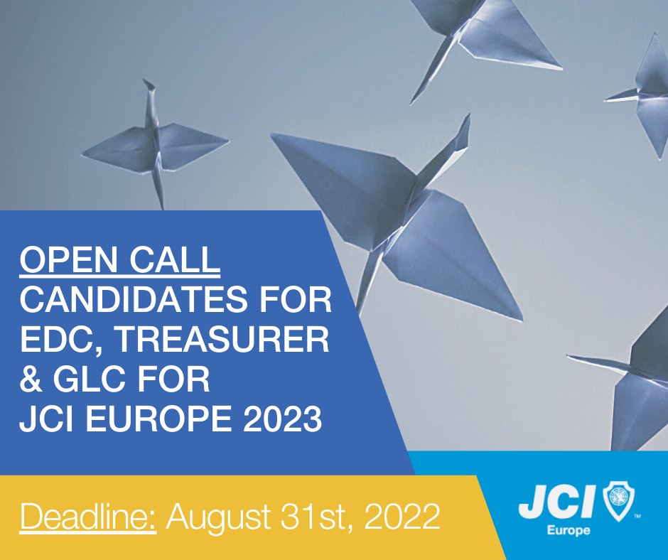 JCI Europe (@jcieurope) on Twitter photo We are now accepting nominations for the elected positions within #JCI European Development Council for 2023! Please visit europe.jci.cc/elections-for-… to see the details and eligibility of the positions.
Questions? Please email edc@jci.cc
Application Deadline - Aug 31st, 2022. We are now accepting nominations for the elected positions within #JCI European Development Council for 2023! Please visit europe.jci.cc/elections-for-… to see the details and eligibility of the positions.
Questions? Please email edc@jci.cc
Application Deadline - Aug 31st, 2022.