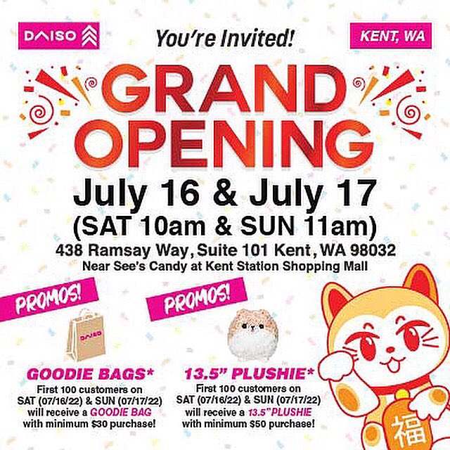 daiso_usa's tweet photo. ‼️We have another Grand Opening on Month of July! This time it is for Kent, WA~

@daiso_usa
@kentstation 

#grandopening #daiso #daisousa #seeyousoon #comingsoon‼️ #daisohaul
#kentwa #seattle #auburnwa #kentwashington #renton #issaquah  #kent #rentonwa #newstoreopening #seattlewa https://t.co/cKoHBbr3CR