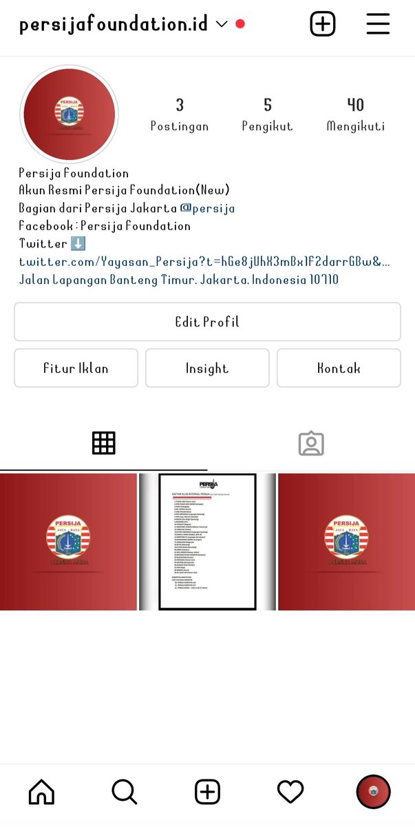 Assalamualaikum Wr. Wb
FYI 🙏
Ini Akun Instagram Persija Foundation/Persija Muda yang resmi &amp; terbaru.Info2 Klub Internal Persija,Persija Muda Liga 3,Soeratin Persija U13.U15 &amp;U17 dll akan selalu di update di Instagram Persija Foundation serta sosial media lainnya
Terima Kasih🙏