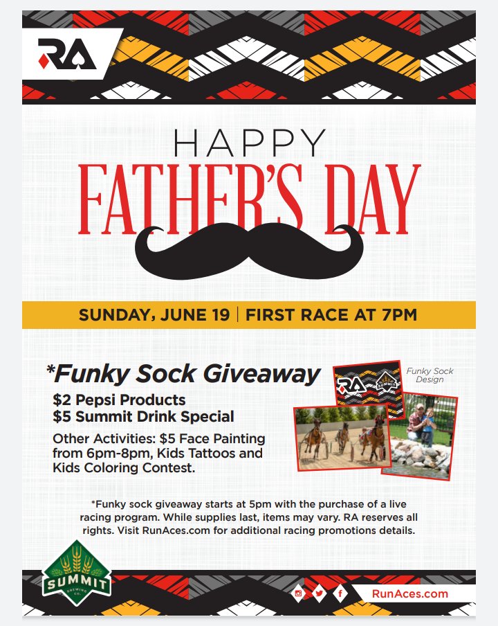 DarinGagne's tweet photo. HAPPY FATHER'S DAY!
Live Racing TONIGHT! Running Aces Casino, Hotel & Racetrack
Post Time 7:00 pm Central
Steve Wiseman Memorial Elimination Night
Pepsi Family Night - Funky Socks Giveaway
#BringDad #FathersDay #WhateverItTakes
#HarnessRacing #FamilyFun https://t.co/MDAtM7cihl