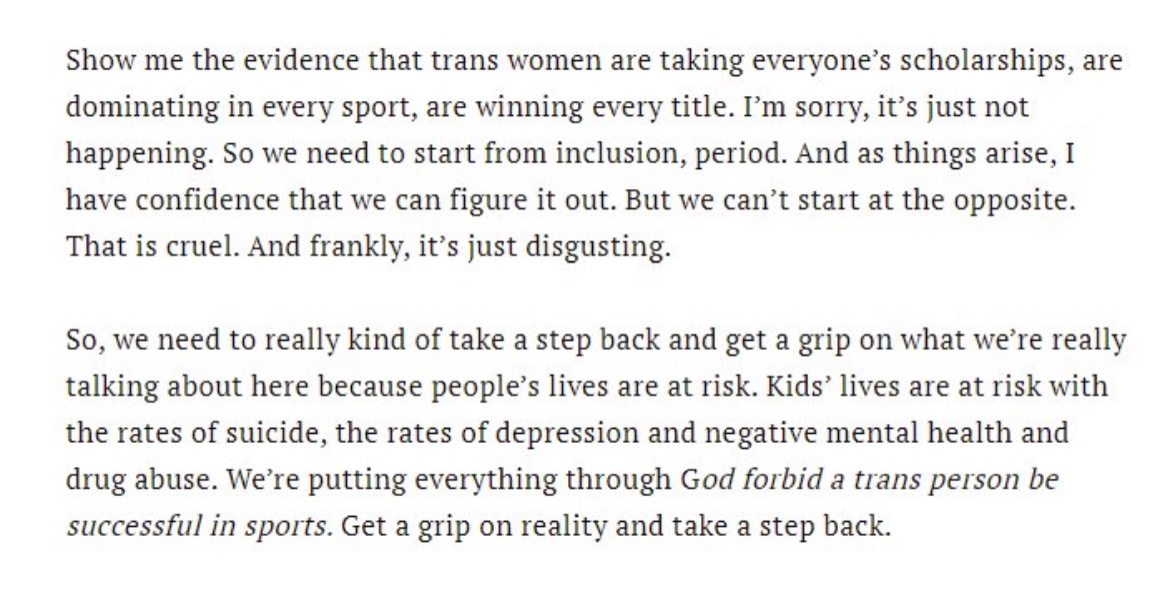 weareyourfek's tweet image. This, from Megan Rapinoe, reads as a very decent summation of the correct answer to any “trans person in sports” debate, and also, a pristine example of what personal politics look like when you operate with the value of compassion first.