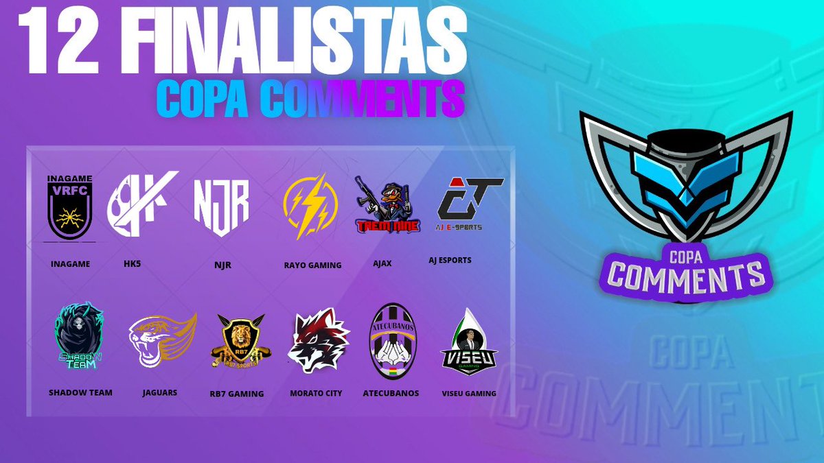 CopaComments's tweet photo. Essas são as 12 equipes finalistas que jogarão a final da copa comments hoje as 20h. 💜💙

Pra quem vai sua torcida? 

• Transmissão e narração fica por conta do Montoro e da Isa! https://t.co/WHrNYoQfPc