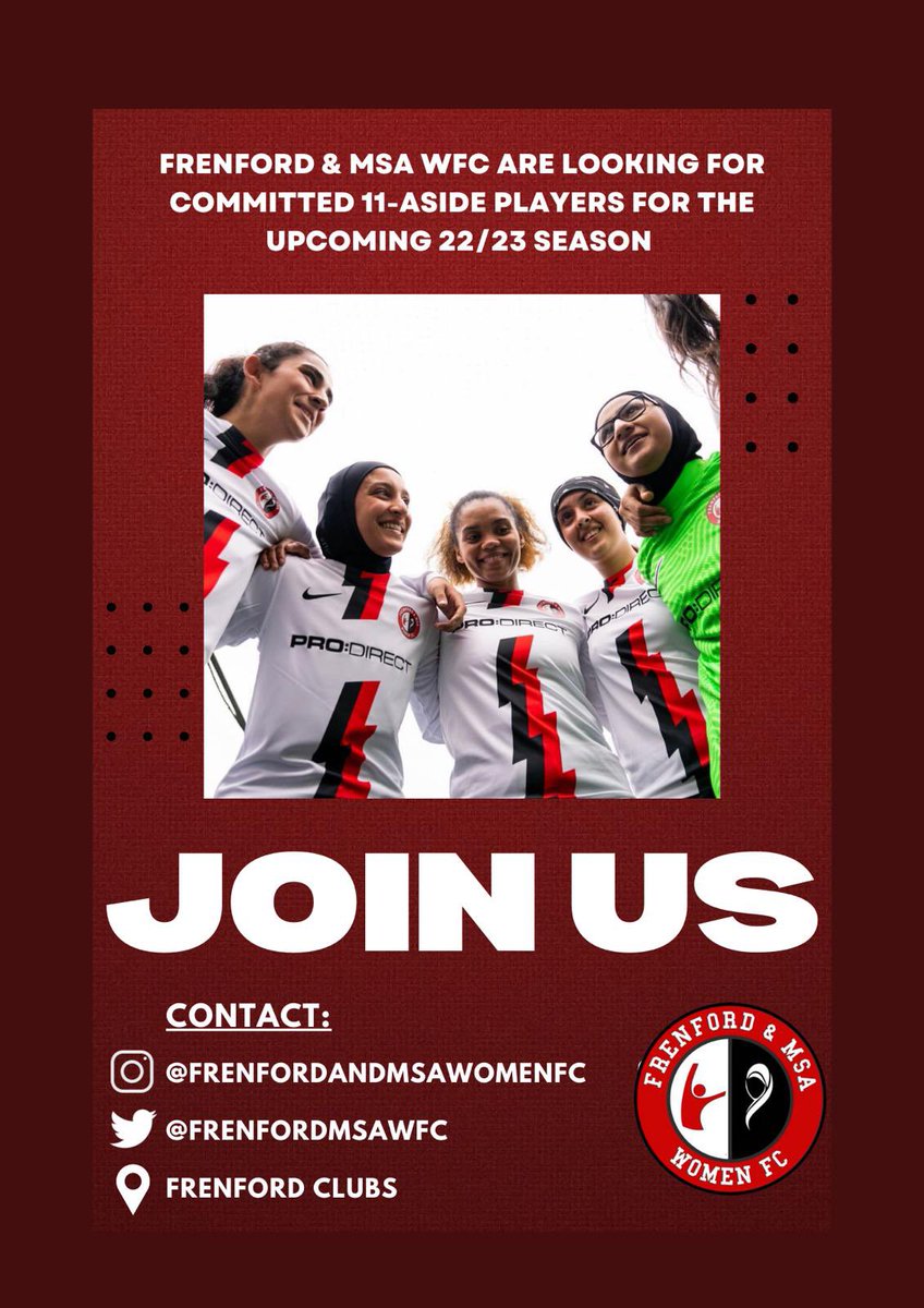 frenfordmsawfc's tweet photo. Searching for a welcoming and forward-thinking club to play for next season? 

Frenford &amp; MSA WFC are on an exciting hunt for experienced (16+ age) players to join our 11-aside team!

If interested, fill out the Google form
https://t.co/Ws3dVxcVHm https://t.co/tYReZB8WSU
