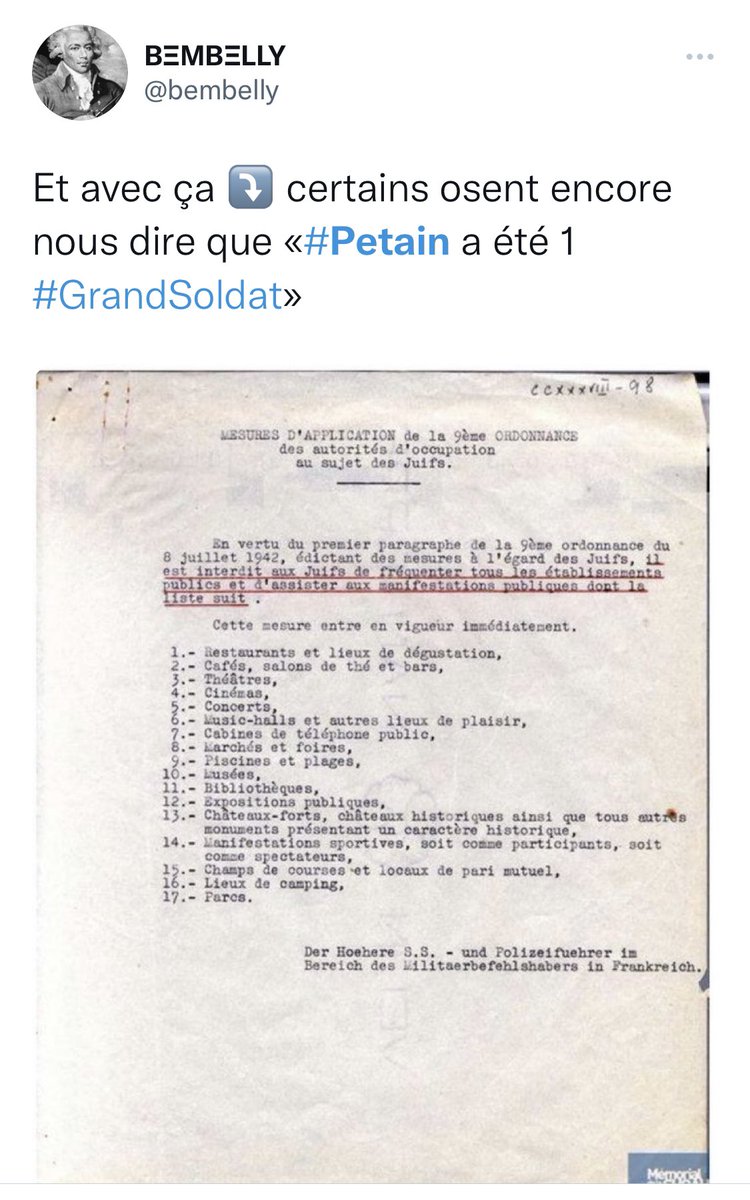 bembelly's tweet image. Oui accointances Pétainistes, je répète. Célébrer Pétain est une honte mémorielle. C’est comme dire d’un père qui sauvé sa fille de la noyade et qui la viole ensuite que c’est un #BonPère! Le crime contre l’homme annule &amp;amp; remplace tout, point.
[Ce tweet n’appelle pas de réponse]