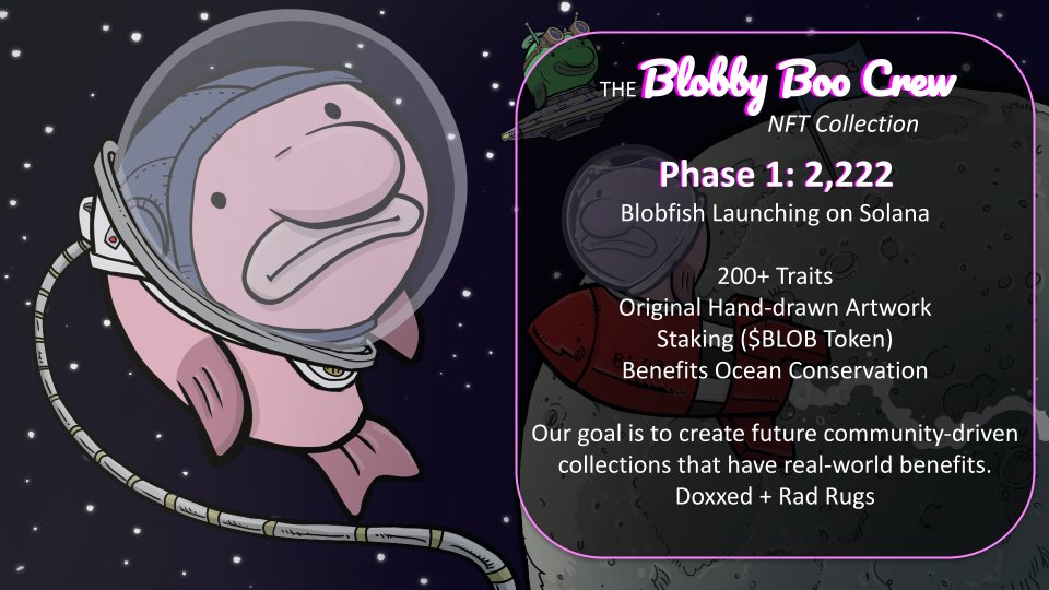 🐠  Blobby Boo Crew #NFTs 

➰  One of a kind #nftart featuring 200+ unique hand-drawn elements 

🏆  Limited Supply with Unique Royalties 

💜  10% of funds will be donated to 
<a href="/OurOcean/">Ocean Conservancy</a>

🌊  Join our Discord &amp; Whitelist ➡️  discord.gg/blobbyboocrew