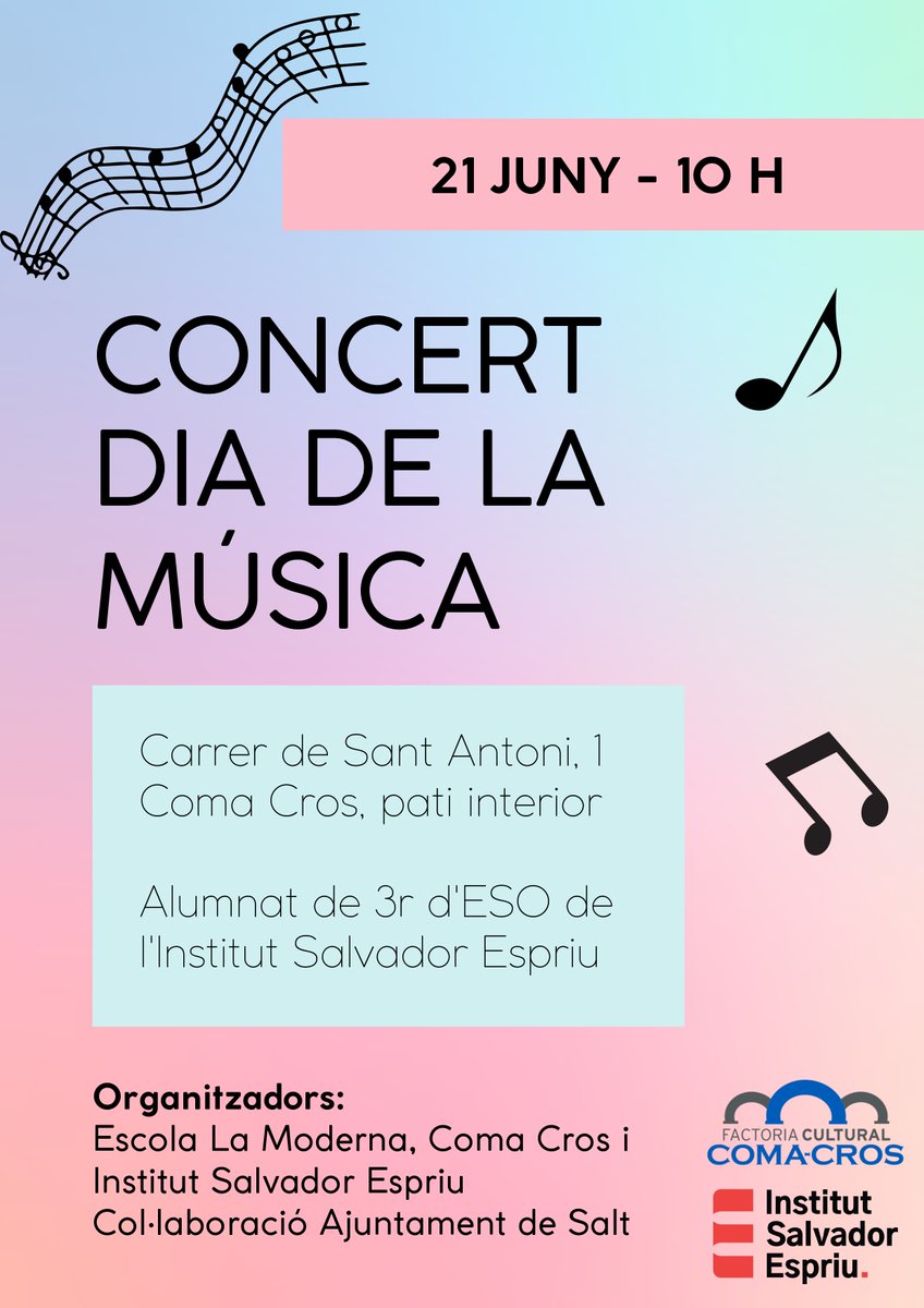 EspriuSalt's tweet photo. Demà, dimarts 21 de juny, l'alumnat de 3r d'ESO ens oferirà un concert per celebrar el #DiaDeLaMúsica al pati interior de la #ComaCros. Obert al públic i amb entrada lliure! Us hi esperem a les 10 h!! #SomriuEspriu https://t.co/GgJBkBcnqK