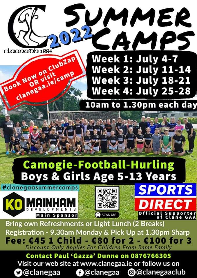 The SportsDirect Clane GAA Summer Camps and places are filling up fast so please book early to avoid disappointment. Attendees will get a T-Shirt and the chance to win great prizes during the camps. You can book online at clanegaa.ie/camp 
#ClaneGaaSummerCamps #SDgaelic