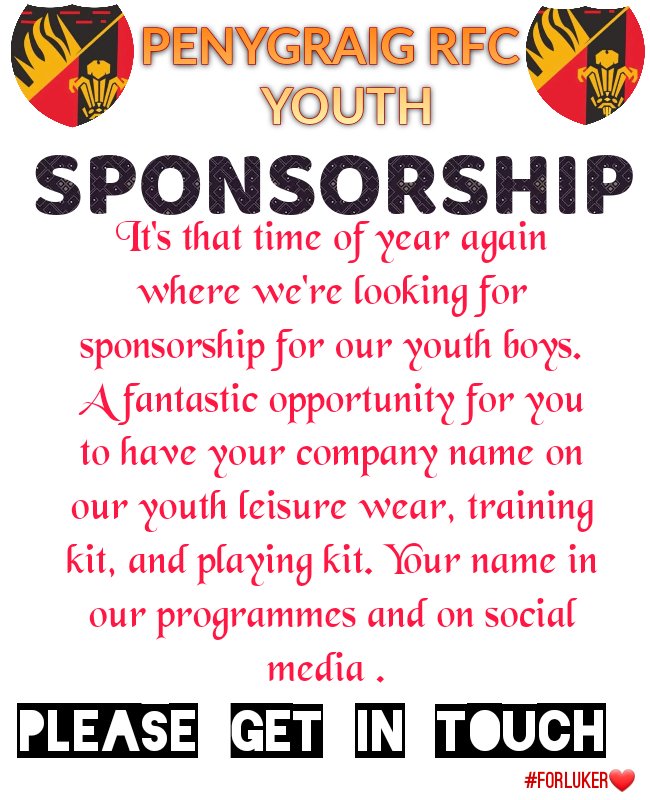 Hi. My name is Louise Jenkins, I'm the team manager for Penygraig rfc youth. We're currently looking for sponsorship for our youth boys for this coming season 2022/2023. Your company name could be on our youths leisure wear, training kits and playing kit.