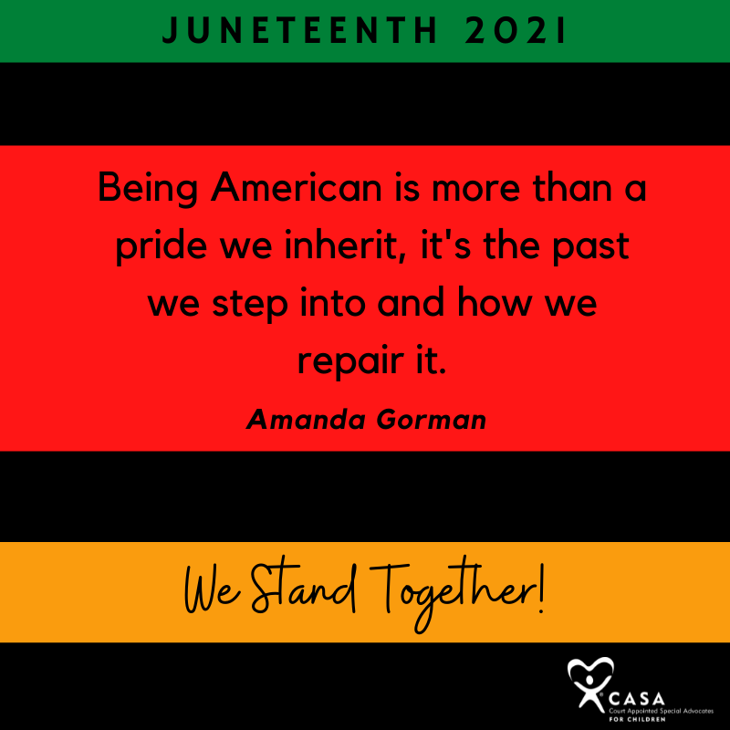 sumnercasa's tweet photo. We Stand Together. 
Sumner County CASA will be closed Monday June 20, 2022 as we celebrate Juneteenth. https://t.co/ZTfyd3mwk8