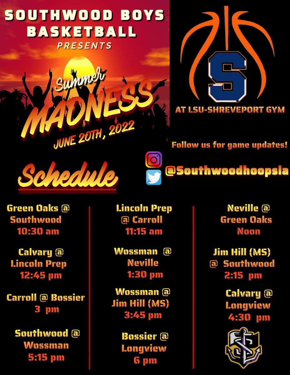 🚨 SCHEDULING CHANGE!! A slight scheduling change to our Summer Madness team camp!!! Details on the attached graphic!! See you guys tomorrow at <a href="/LSUSMBB/">LSUS Basketball</a> gym!!! 

#RTR💙🧡🏀