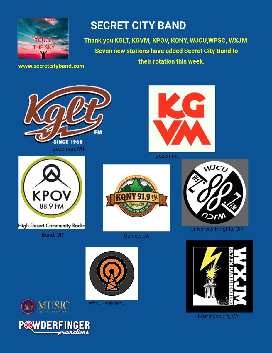 Week three gives us seven more radio stations playing songs from our second album "Touch The Sky". Touch The Sky is available on all of the streaming sites. THANK YOU one and all! secretcityband.com