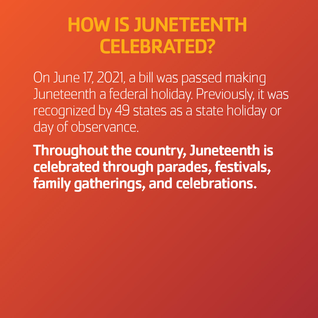 ymca's tweet photo. Juneteenth, celebrated each year on June 19th,  commemorates the emancipation of those who were still enslaved—two and a half years after the Emancipation Proclamation. 

Read through the images to learn more. https://t.co/sMqnpsK1CL