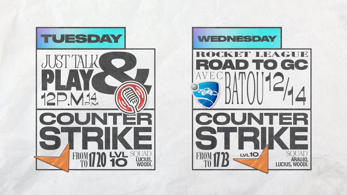 Voici le programme pour Mardi &amp; Mercredi.
On se retrouve de 12h à 14h et de 17h à 20h minimum tous les jours de la semaine.

On part en grind avec <a href="/BatOuRL/">BatOu</a> qui va me coach sur Rocket League, et un bon vieux Rush to LVL 10 FACEIT avec le #187CREW.

Début des hostilités, mardi 12h.