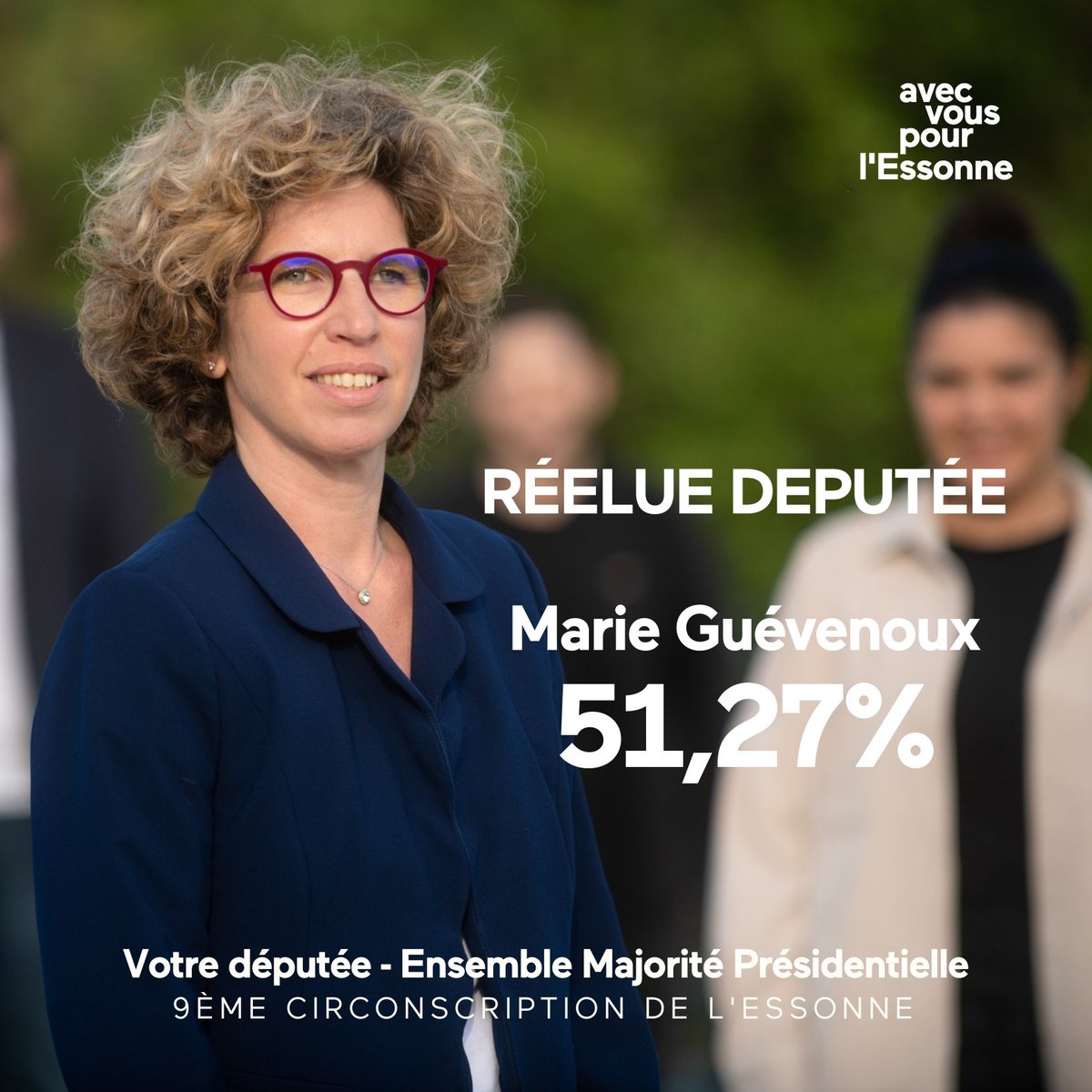 Je gagne ce soir grâce à la confiance des habitantes et habitants de l’Essonne et au soutien sans faille de mes proches. Merci à chacun d’eux. Je salue l’ensemble des candidats. Heureuse de poursuivre mon travail au service de la 9ème circonscription et du pays.