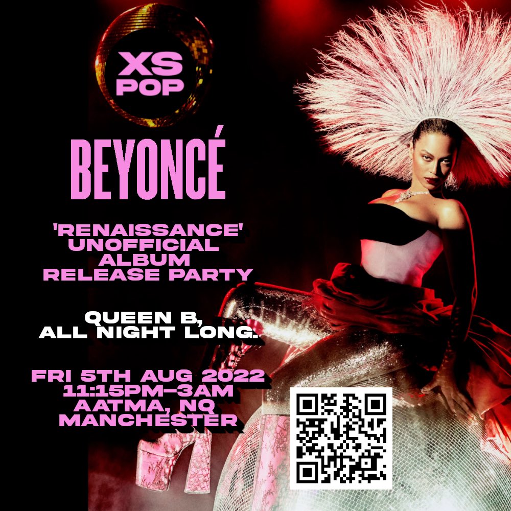 XSPopClub's tweet photo. .@beyonce is FINALLY returning with her new album ‘Renaissance’, and to celebrate, we will be bringing a dose of Queen B to @AatmaVenue, Manchester on Fri 5th August. 💜

Expect to hear Beyoncé &amp; Destiny’s Child hits and deep cuts from ALL seven of her albums, all night long! https://t.co/xcAKyQYuTP