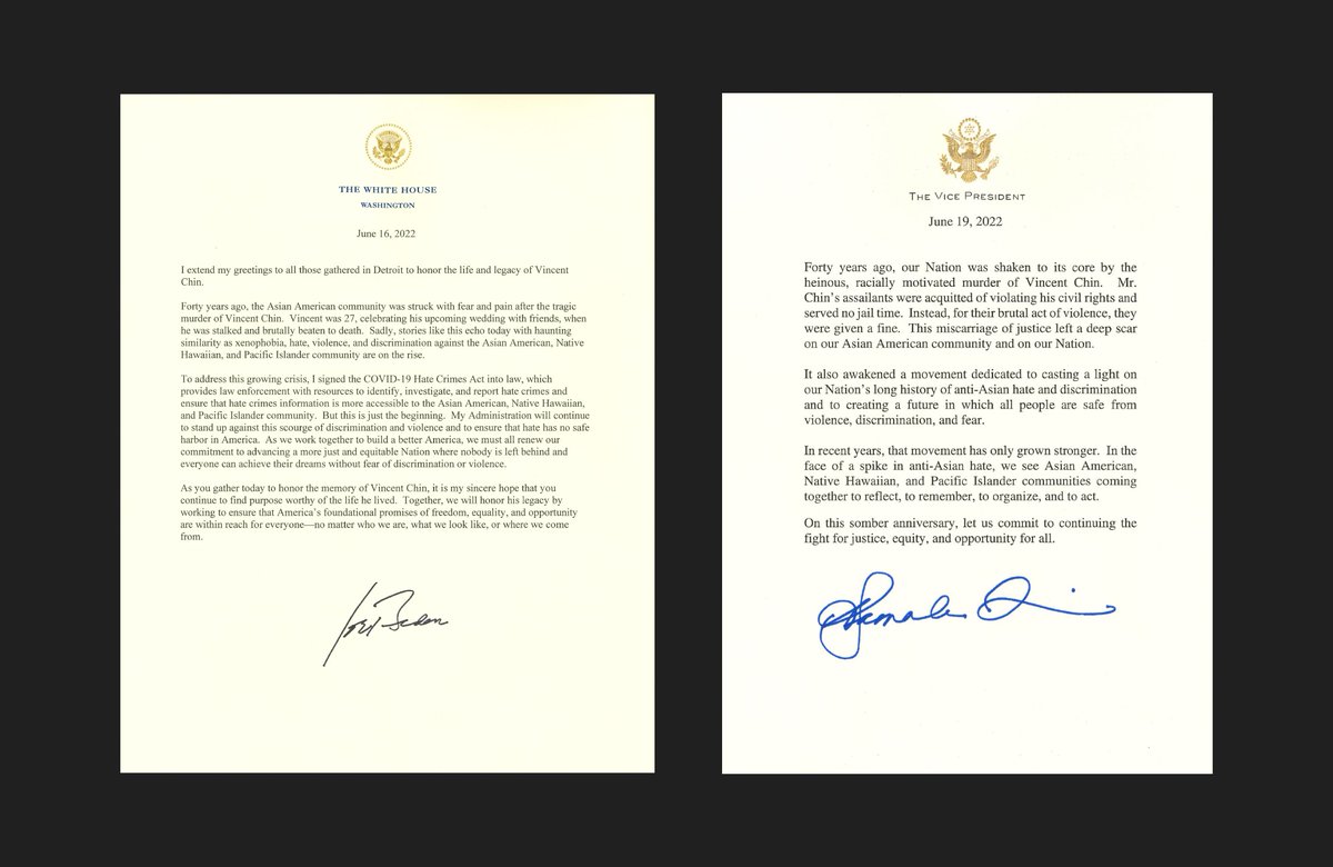 40 years ago, the nation was shaken by the heinous murder of Vincent Chin, whose death sparked the modern Asian American civil rights movement. This week, @POTUS and @VP delivered messages to community members who are honoring Vincent Chin's life and legacy in Detroit.